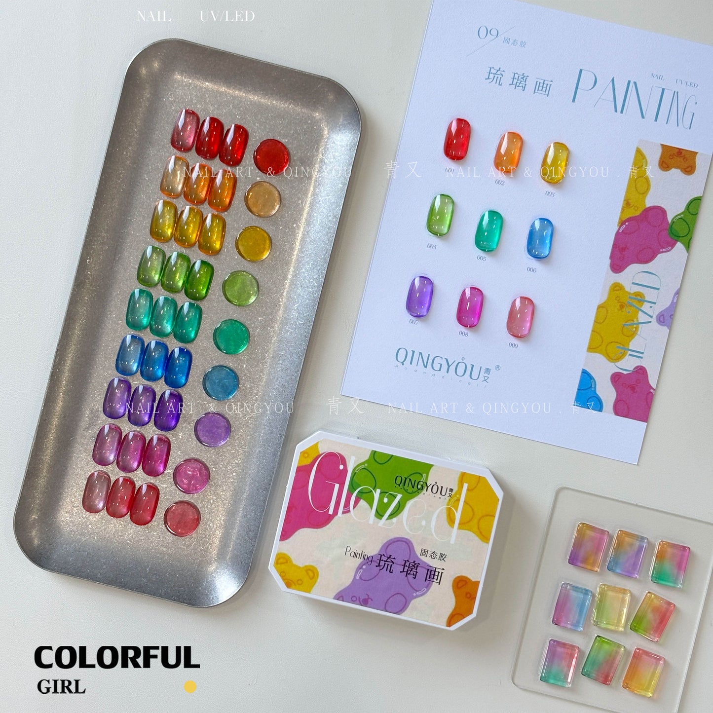 ✨พร้อมส่ง✨QINGYOU  สีเจลไซรัป  Solid Pat Gel 9-square series  ยาทาเล็บ Pat กาว Delicate หนาสูง Saturation Blooming Gradient No-Wash ยาทาเล็บ 9 Grid Series