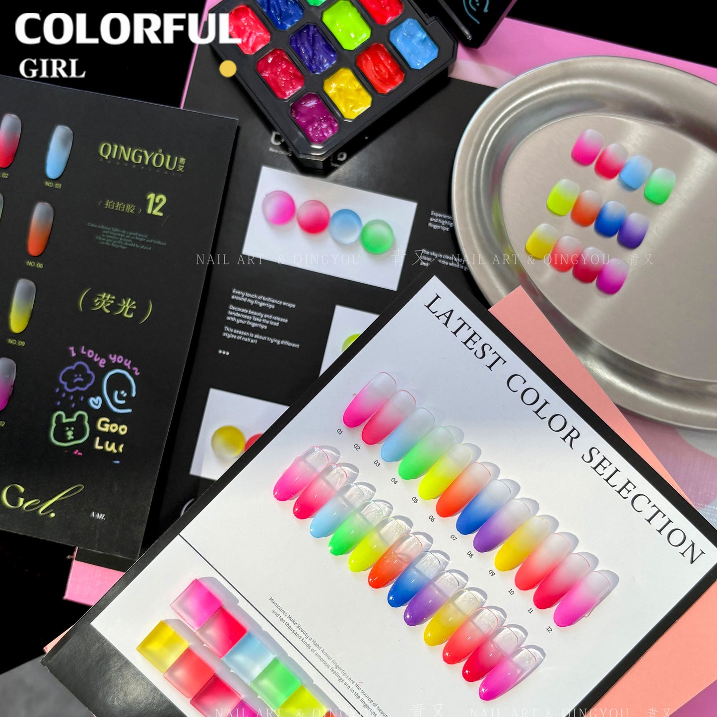 QINGYOU เล็บเจล 1 ชิ้น สีไล่เฉด ใหม่Solid Pat Gel 12-square series ยาทาเล็บ, กาวทาสี, ยาทาเล็บสีทึบ