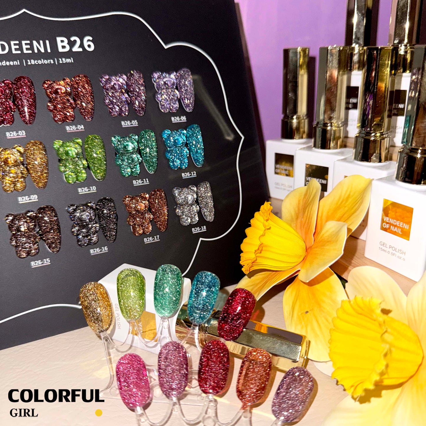 【พร้อมส่ง】VENDEENI สีเจลแฟลช 18สี (VENDEENI B26)สีเจลทาเล็บ สี แถม ชาร์ทสี ยาทาเล็บเจล ชุดสี 18สี + ฟรีชาร์ทสี พร้อมชาร์ทสีค่ะสีแน่นสวยมากเลยนะคะ เอฟเฟกต์มันเงามาก