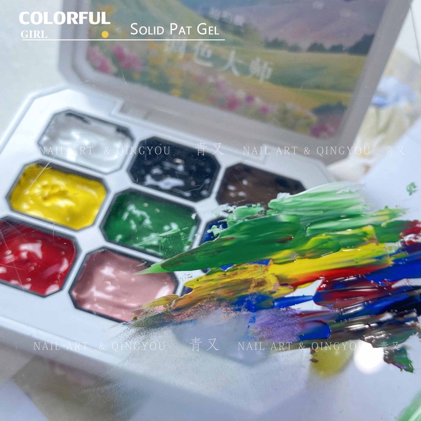 QINGYOU เล็บเจล 1 ชิ้น ใหม่Solid Pat Gel 9-square series หลากสี แถมพาเลตอะคริลิคใส ยาทาเล็บ, กาวทาสี, ยาทาเล็บสีทึบ