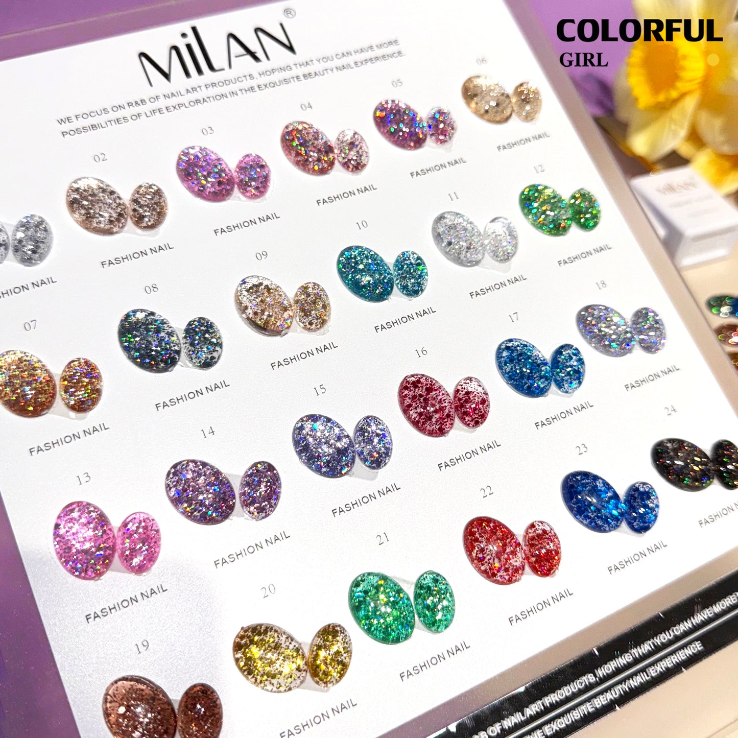 【พร้อมส่ง】สีสีเจล MILANสีกากเพชร สีเจลกลิซเตอร์ 24 สี แถม ชาร์ทสี(milan) สีเจลกลิซเตอร์