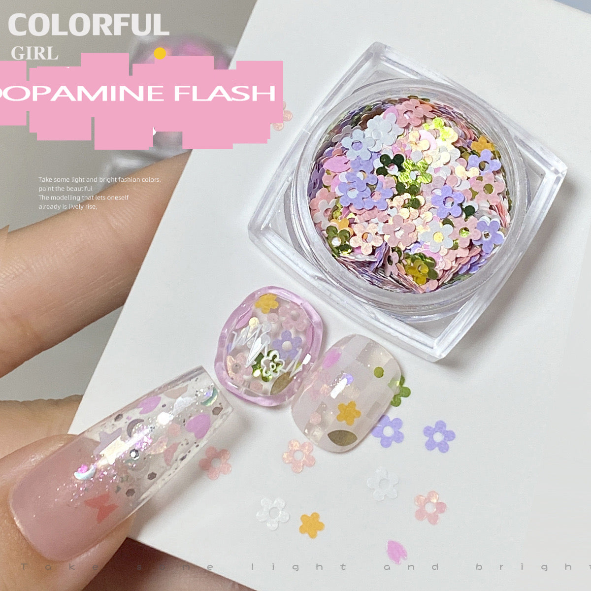 เล็บเลื่อมที่มีสีสัน หัวใจสีชมพูดอกไม้ Bow Moon น่ารัก Girly เล็บ Art DIY Charms ตกแต่งหวาน Critical Strike เล็บเลื่อมตกแต่งเล็บ