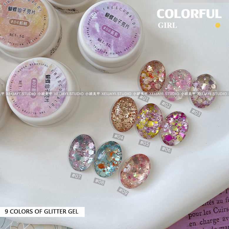 พร้อมส่ง เจลทาเล็บ Butterfly Fairy Series 9 สีเลื่อมวัสดุกาวเล็บ 5g กาวส่องไฟกระป๋อง Super Flash เลื่อมขนาดใหญ่ล้างฟรี Soaking ยาทาเล็บกาว