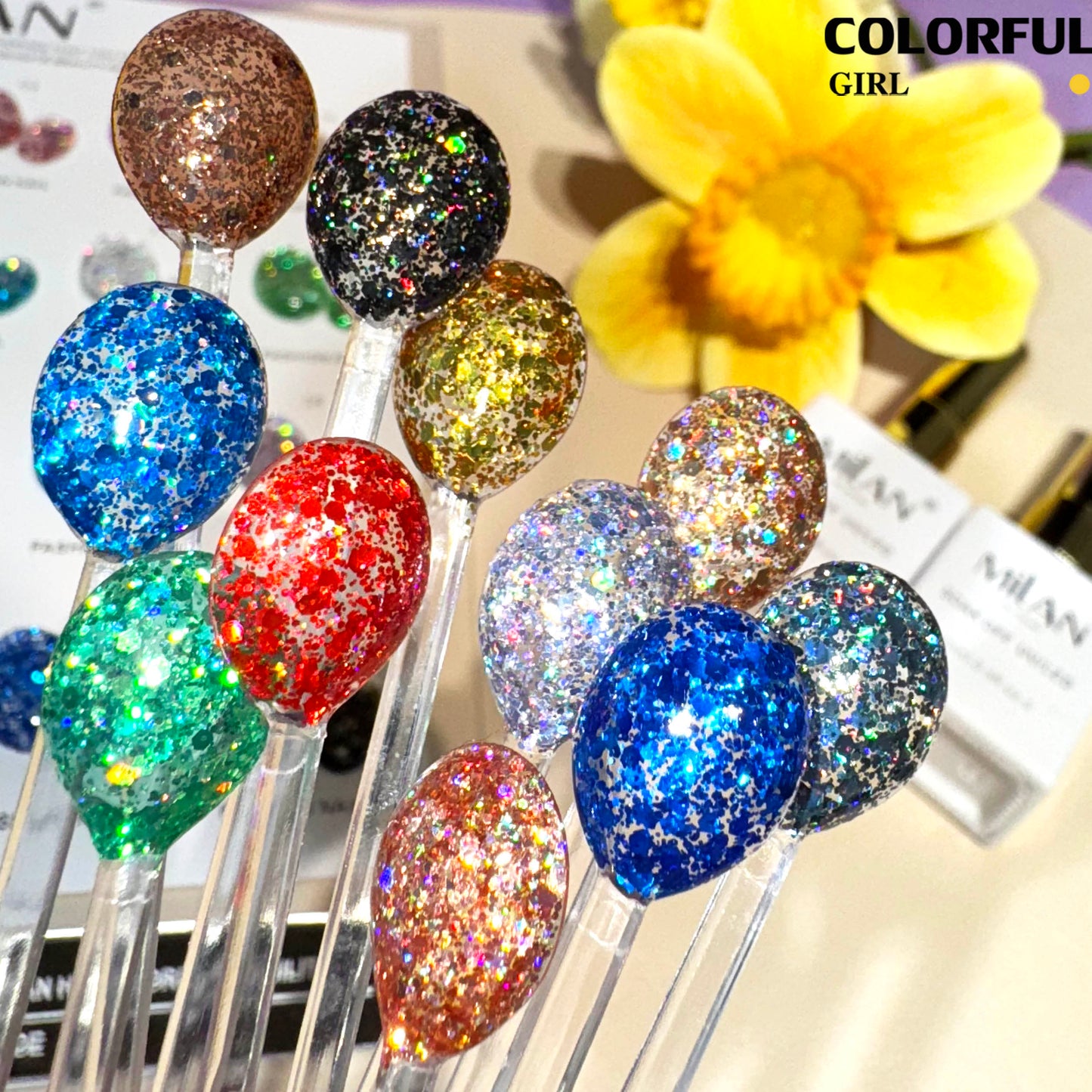 【พร้อมส่ง】สีสีเจล MILANสีกากเพชร สีเจลกลิซเตอร์ 24 สี แถม ชาร์ทสี(milan) สีเจลกลิซเตอร์