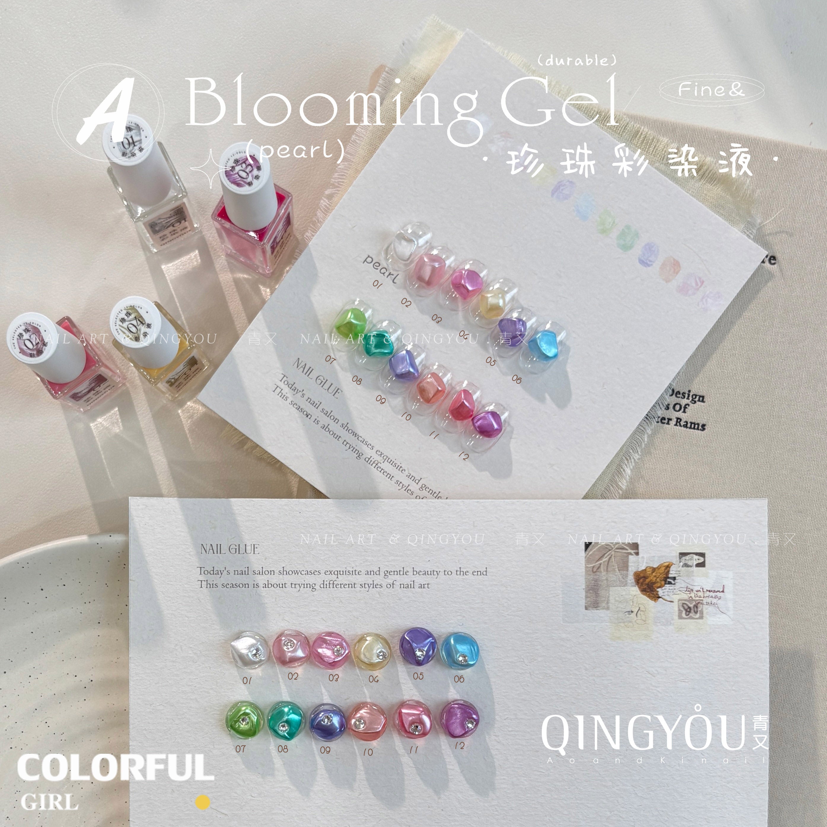 qingyou Blooming Gel 1–12สี สไตล์ใหม่แต่งเล็บมุกรอยเปื้อนของเหลวรอยเปื้อนอย่างรวดเร็วของเหลวโลหะพิเศษสีเงินประกายมุกไล่โทนสีอย่างรวดเร็วรอยเปื้อนสีกาว ประกายแวววาวระดับอัญมณี 💕