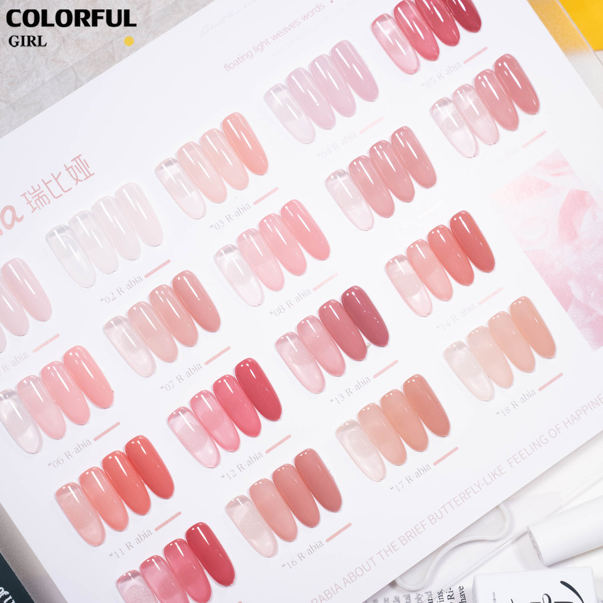 ✨พร้อมส่ง🇹🇭✨ Rabia 18 สี สีเจลไซรัป โทนชมพู Ice Peach 18สี + โทนสีธรรมชาติคล้ายสีผิว แถมชาร์ตสีเจล เนื้อเจลใสละมุน สีสวยชัด เหมาะสำหรับร้านทำเล็บ
