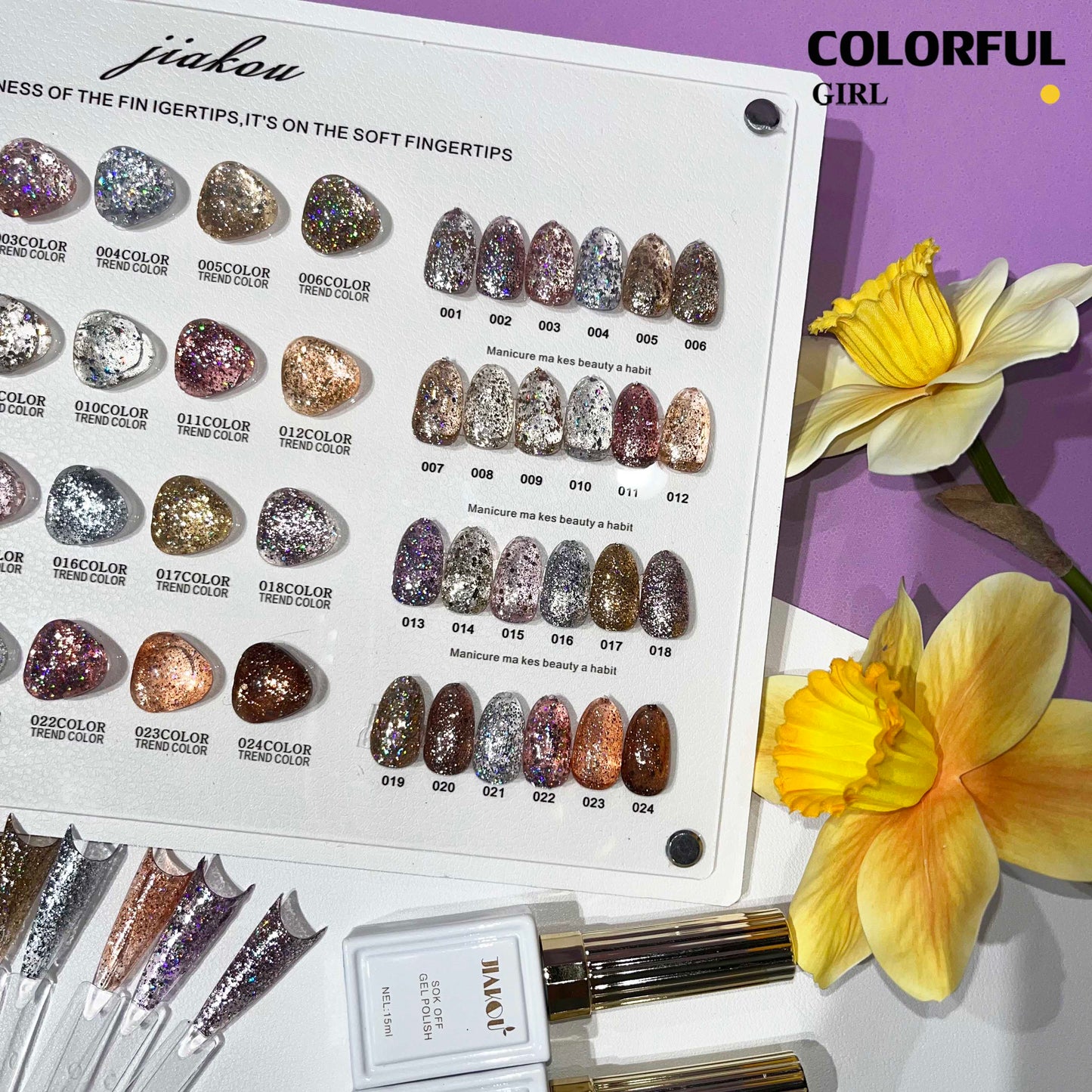【พร้อมส่ง】สีเจลกากเพชรวิ้งแน่น 24 สี JIAKOU (JIAKOU)สีสวย แถมชาร์ทอะคริลิคสำเร็จรูป (แถม ชาร์ทสี ทามาให้แล้ว)