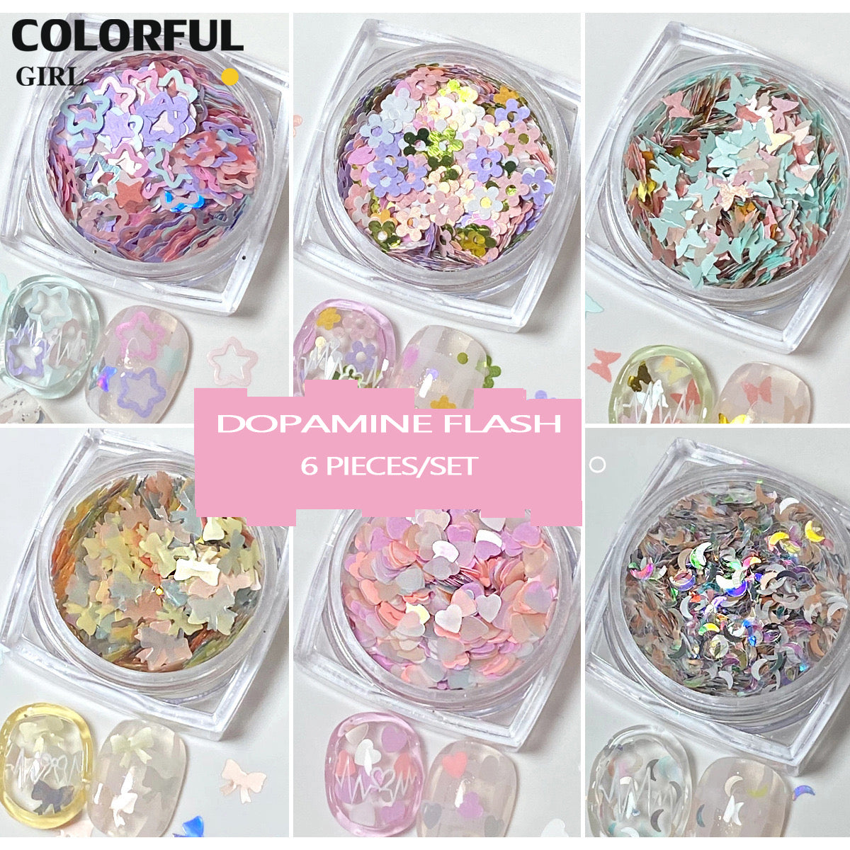 เล็บเลื่อมที่มีสีสัน หัวใจสีชมพูดอกไม้ Bow Moon น่ารัก Girly เล็บ Art DIY Charms ตกแต่งหวาน Critical Strike เล็บเลื่อมตกแต่งเล็บ