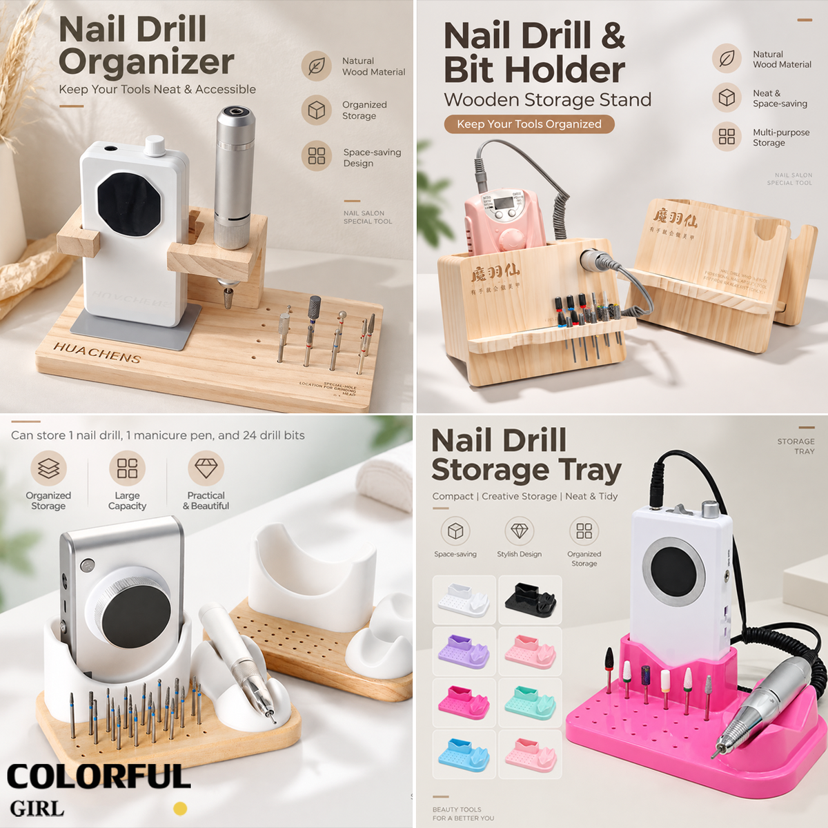 ชั้นวางเครื่องเจียรเล็บไม้แท้|Nail Drill Organizer ที่เก็บเครื่องเจียรเล็บ ตัวเครื่อง+ด้ามจับ+หัวเจียร 24 ช่อง|กล่องจัดระเบียบอุปกรณ์ทำเล็บแบบหลายช่อง|อุปกรณ์แต่งเล็บสำหรับร้านทำเล็บและช่างมืออาชีพ