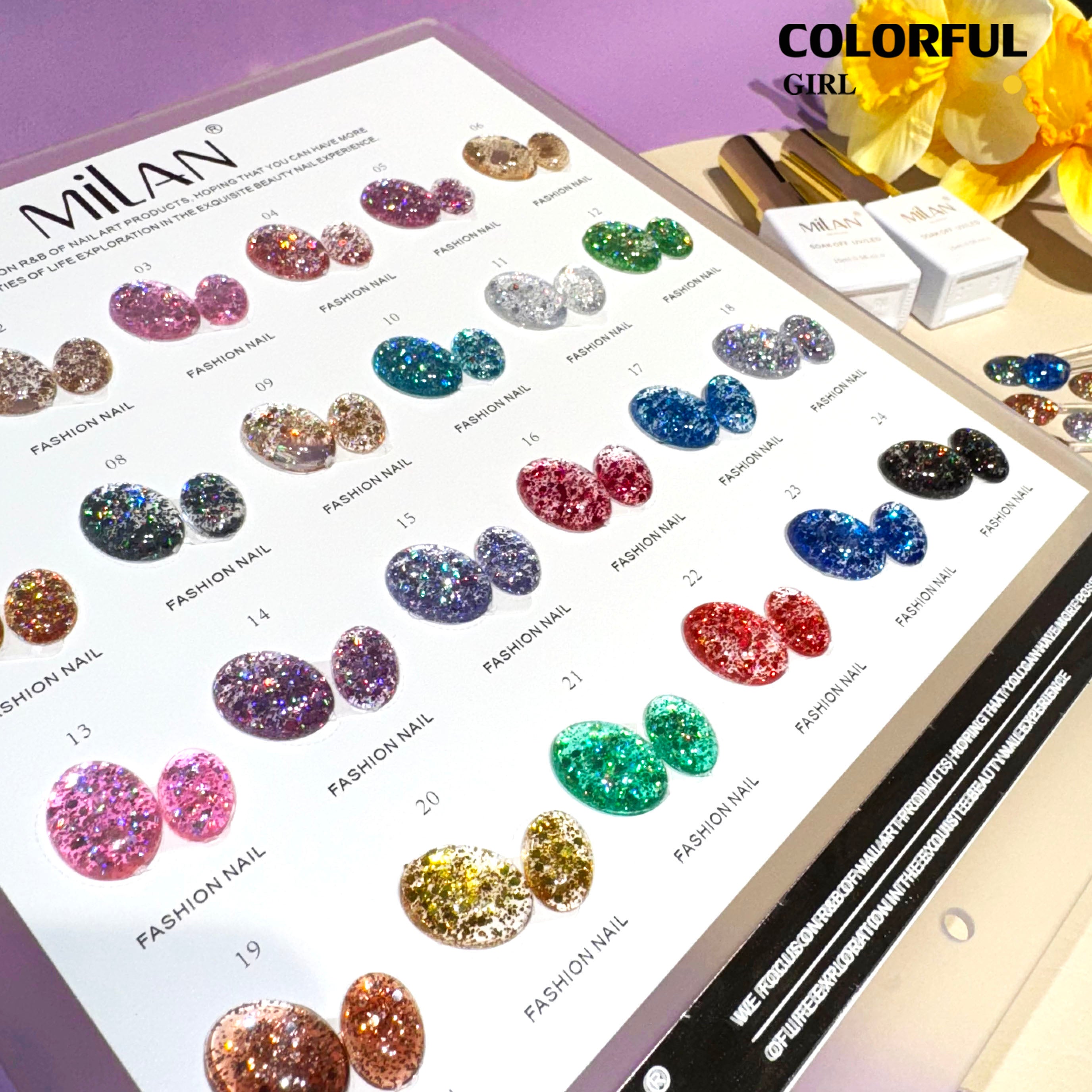 MILAN 24 สี สีกากเพชร สีเจลกลิซเตอร์ แถมฟรีชาร์ทสี