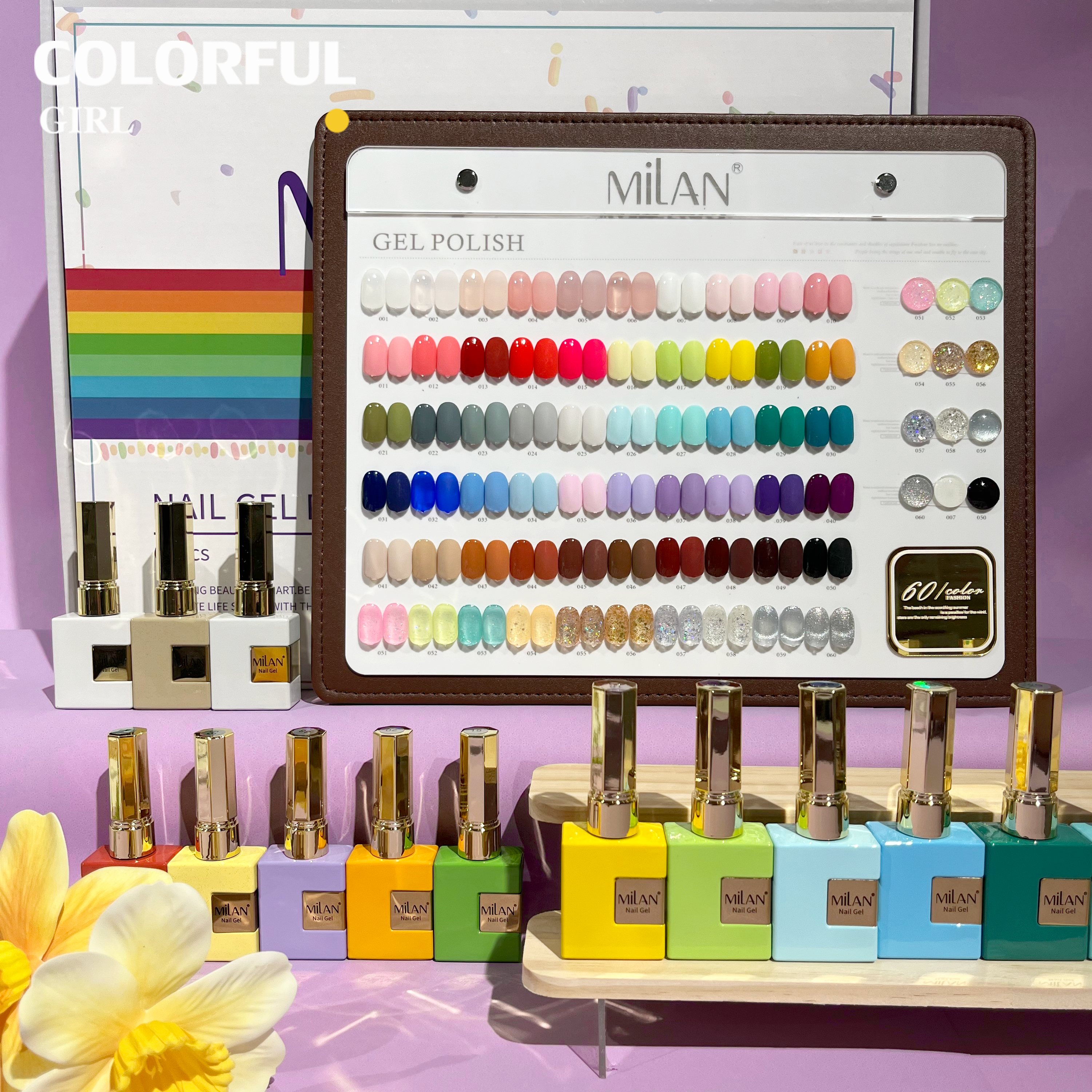 Milan 60 สี สีเจลกลิซเตอร์+ สีเจลสีพื้น+ สีเจลไซรัป แถมท็อปและเบส พร้อมชาร์ทสีฟรี