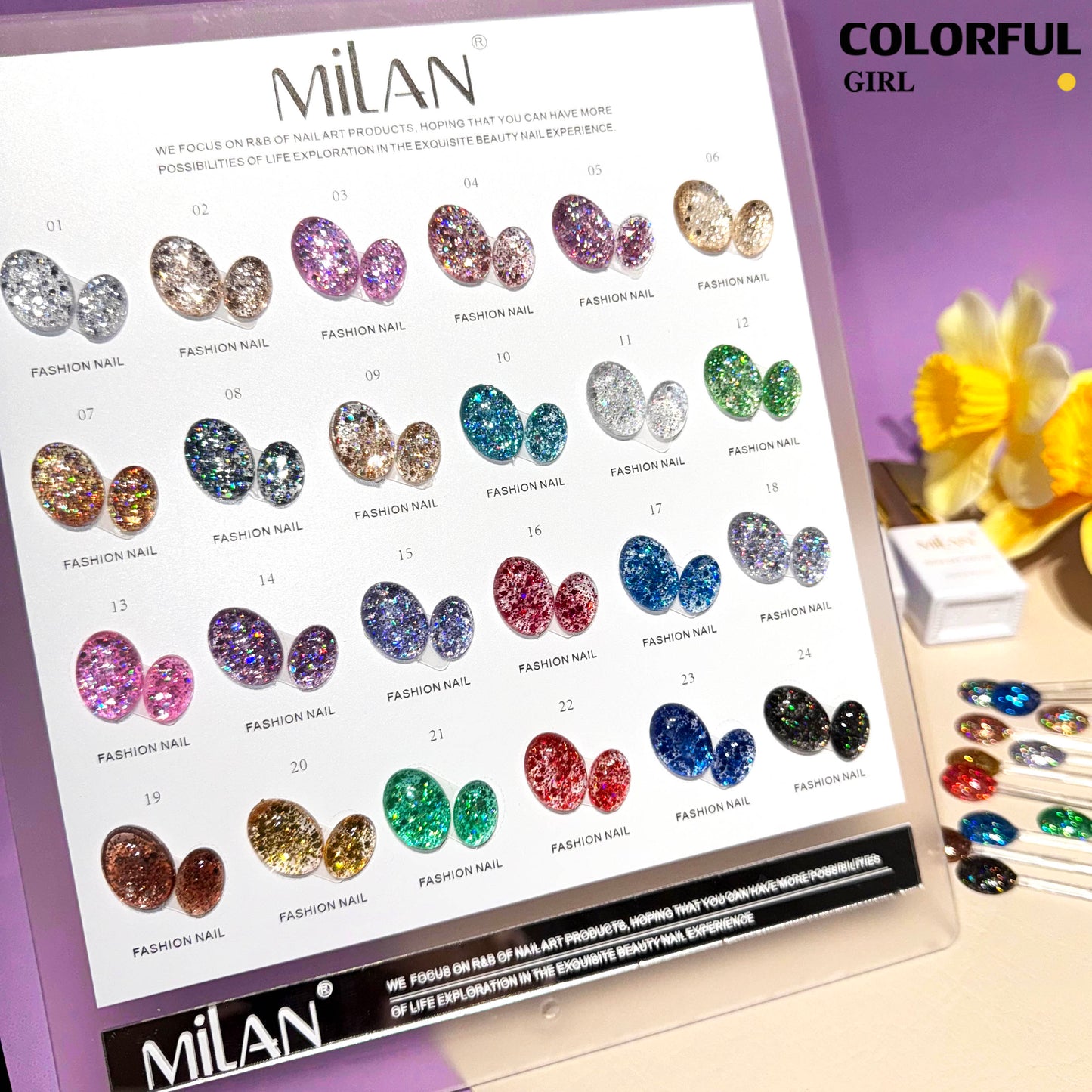 【พร้อมส่ง】สีสีเจล MILANสีกากเพชร สีเจลกลิซเตอร์ 24 สี แถม ชาร์ทสี(milan) สีเจลกลิซเตอร์