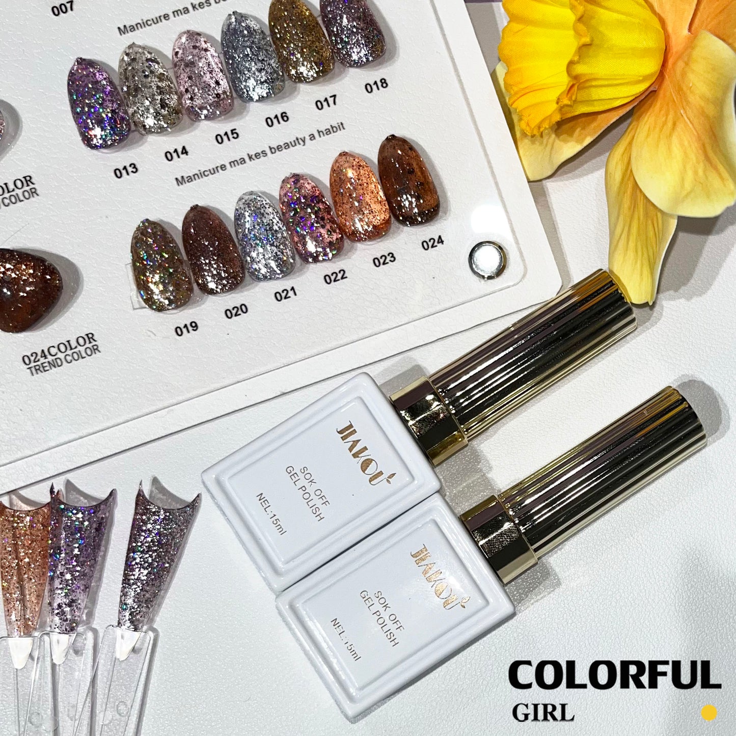 【พร้อมส่ง】สีเจลกากเพชรวิ้งแน่น 24 สี JIAKOU (JIAKOU)สีสวย แถมชาร์ทอะคริลิคสำเร็จรูป (แถม ชาร์ทสี ทามาให้แล้ว)