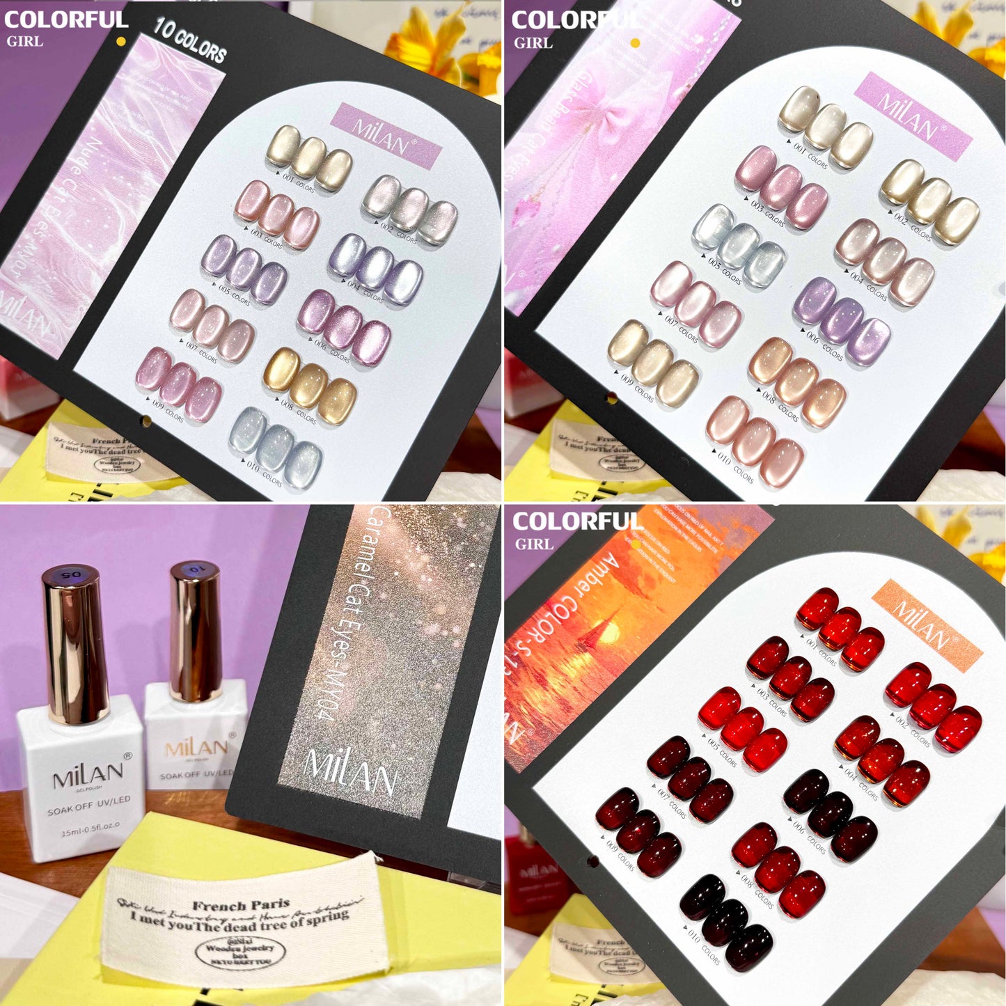 【พร้อมส่ง】MILANเซ็ตใหม่ 10 สี! สีเจลแคทอายเนื้อซาติน, สีเจลแฟลช, สีเจลแคทอาย/สีลูกแก้ว สีเจลสีพื้น สีเจลไซรัป  สีเจลแคทอายฟองอากาศ แถมชาร์ทสีให้คุณโชว์สีสวยๆ อย่างลงตัว!