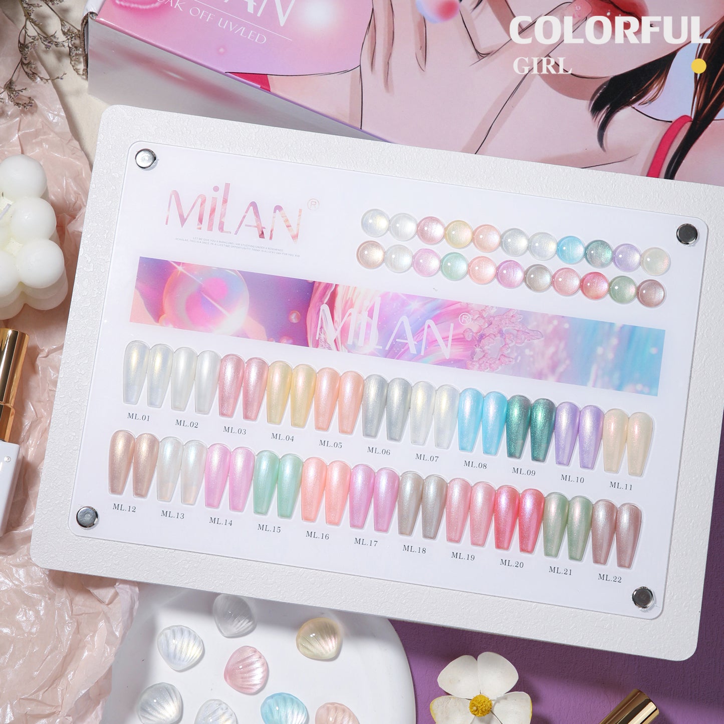 【พร้อมส่ง】สีเจล เซ็ท 22 สี milan ออโรร่าเซ็ทเปลือกหอย เซ็ทเปลือกหอย แถมชาร์ทอะคริลิคสำเร็จรูป
