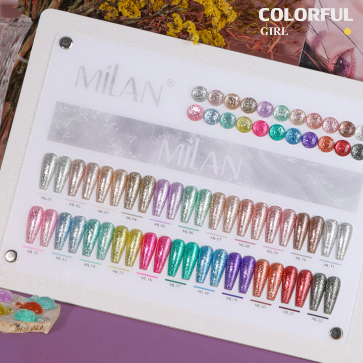 Milan 22สี สีเจลแฟลชกลิตเตอร์ แพลตติมันแฟลช+ประกายออโรร่า กากเพชรชัด ฟรีชาร์ทสี