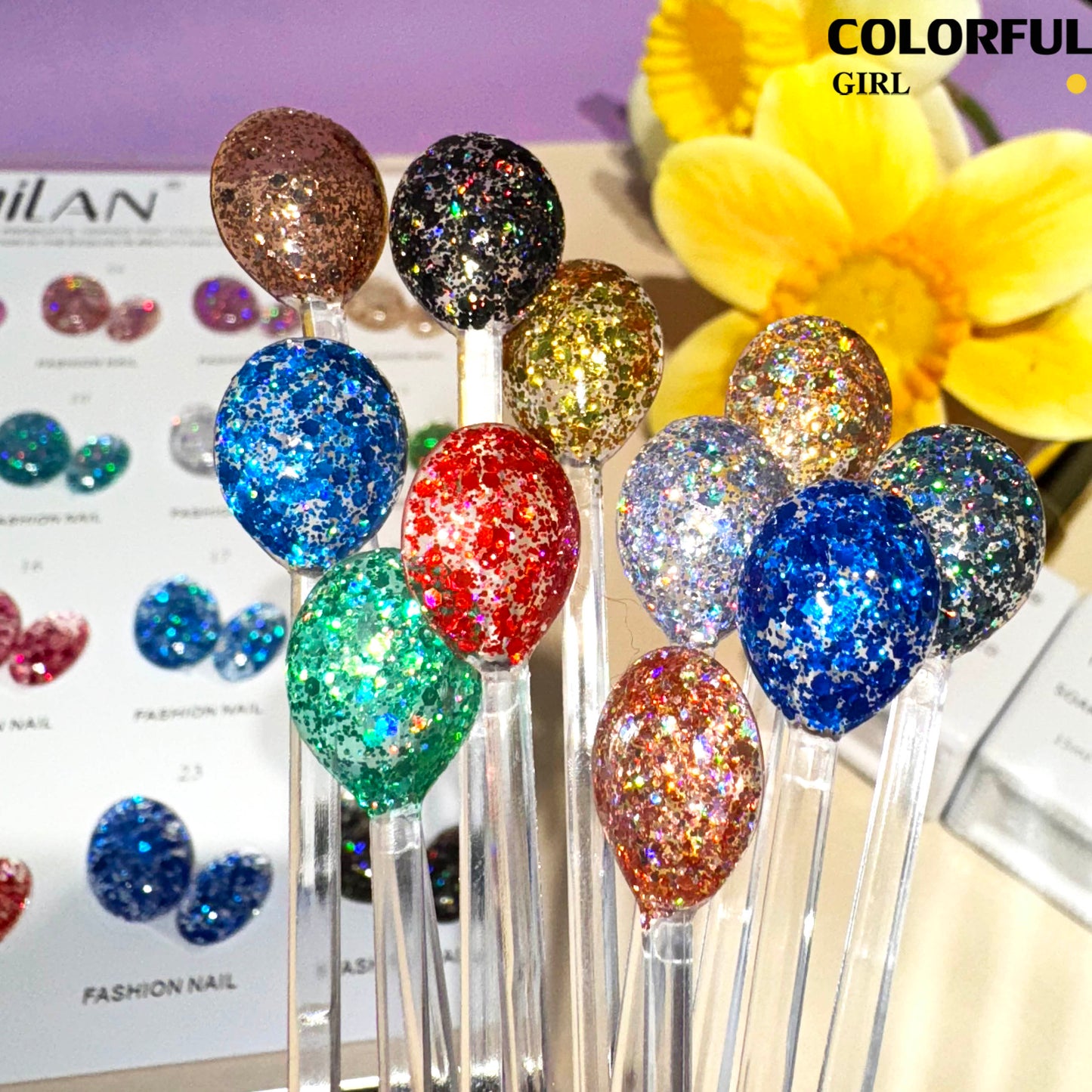 【พร้อมส่ง】สีสีเจล MILANสีกากเพชร สีเจลกลิซเตอร์ 24 สี แถม ชาร์ทสี(milan) สีเจลกลิซเตอร์