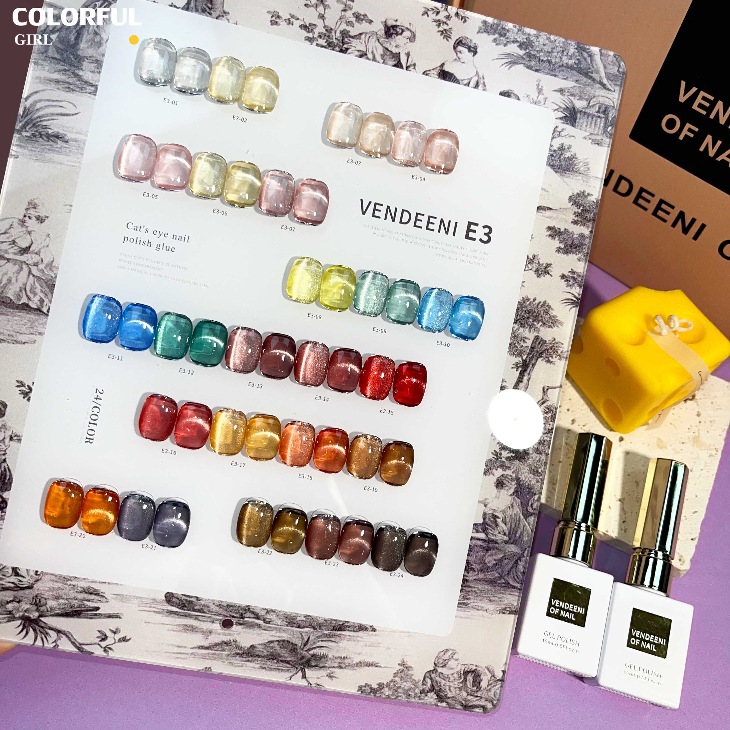 VENDEENI E-3 เจลทาเล็บแคทอาย 24 สี สีลูกแก้วแคทอาย ฟรีชาร์ทสี