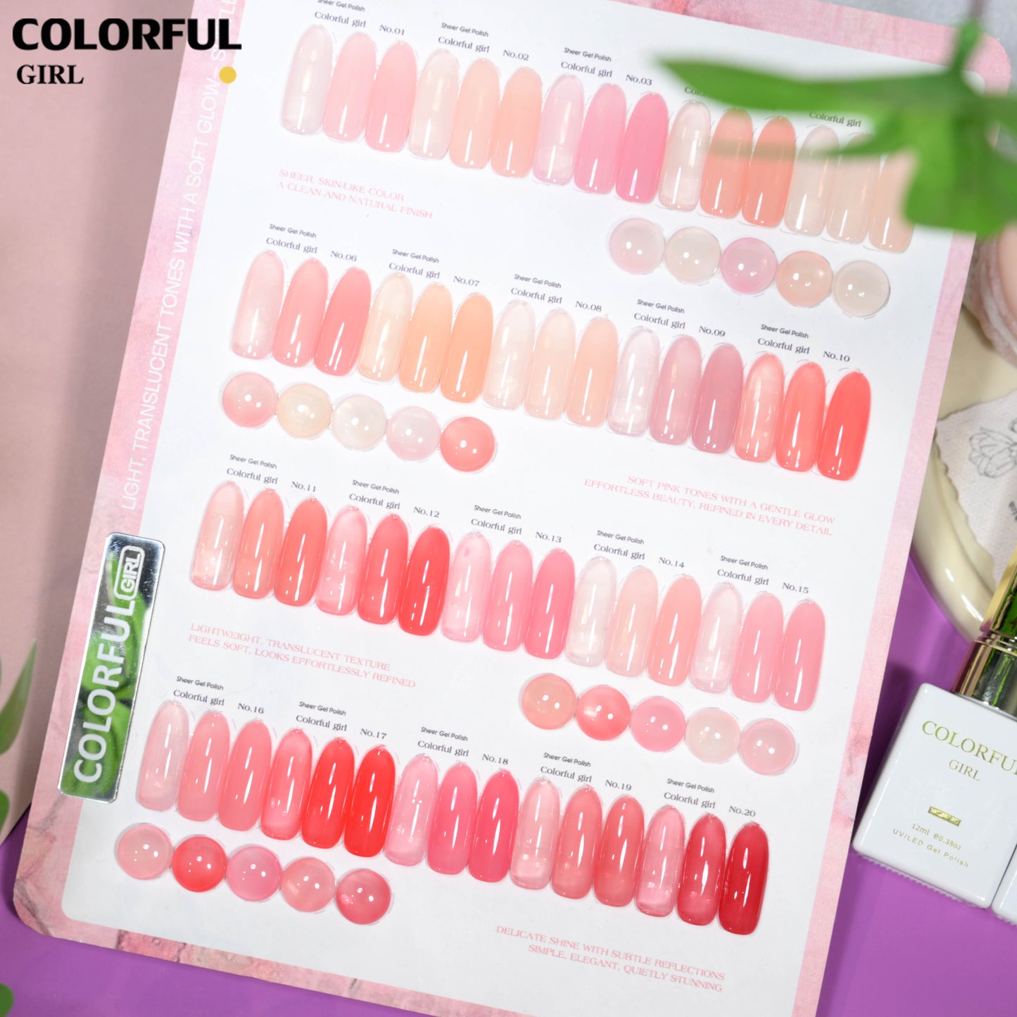 【พร้อมส่ง】สีเจลไซรัป Colorful Girl เซต 20 สี ✨ โทน Ice Peach ชมพูพีชละมุน ฟีลลูกคุณหนูหวานแพง ขับผิวให้มือดูสว่างอมชมพู เนื้อเจลใสฉ่ำแบบลูกแก้ว สีแน่นเงาวาว เล่นแสงสวย ติดทนนาน 💖 ฟรีชาร์ตสีซีรีส์ Sweet Nude Pink (ทามาให้แล้ว พร้อมใช้งาน) ✨