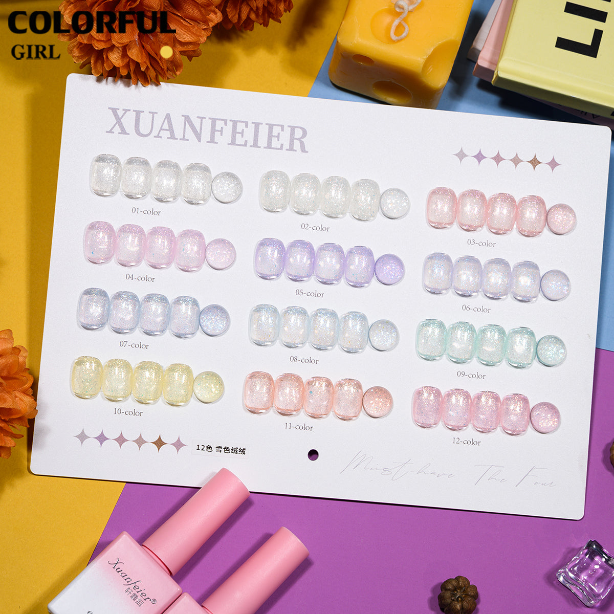 XUANFEIER 12สี สีเจลกลิตเตอร์ เจลไอซ์เฟอร์เกล็ดหิมะ เจลทาเล็บกากเพชรไอซ์เกรเดียนต์ ความหนาแน่นสูง ✨ ฟรีชาร์ทสี