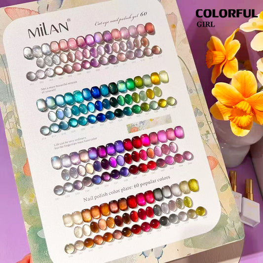 【พร้อมส่ง】MILAN 60 สี ✨ สีเจลแคทอายเนื้อซาติน + สีเจลแคทอายลูกแก้ว ครบเซ็ต 60 สี สีสวยแน่นชัด ติดทนนาน เงางามประกายหรูหรา เหมาะสำหรับร้านทำเล็บมืออาชีพและใช้ส่วนตัว แถมฟรีชาร์ทสี Cat Eye 60 สี (ทามาให้แล้ว พร้อมใช้งาน)