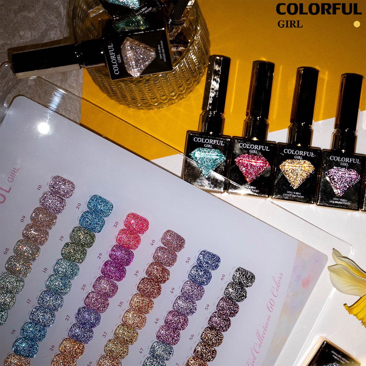 【พร้อมส่ง】Colorful Girl สีเจลแฟลชผสมฟอยล์เงิน 60 สี ชุดใหญ่สำหรับร้านทำเล็บ ประกายวิบวับ เล่นแสงสวย เปล่งประกายแม้อยู่กลางแสงแดด สีครบ ใช้งานระดับมืออาชีพ + ฟรีชาร์ทสี