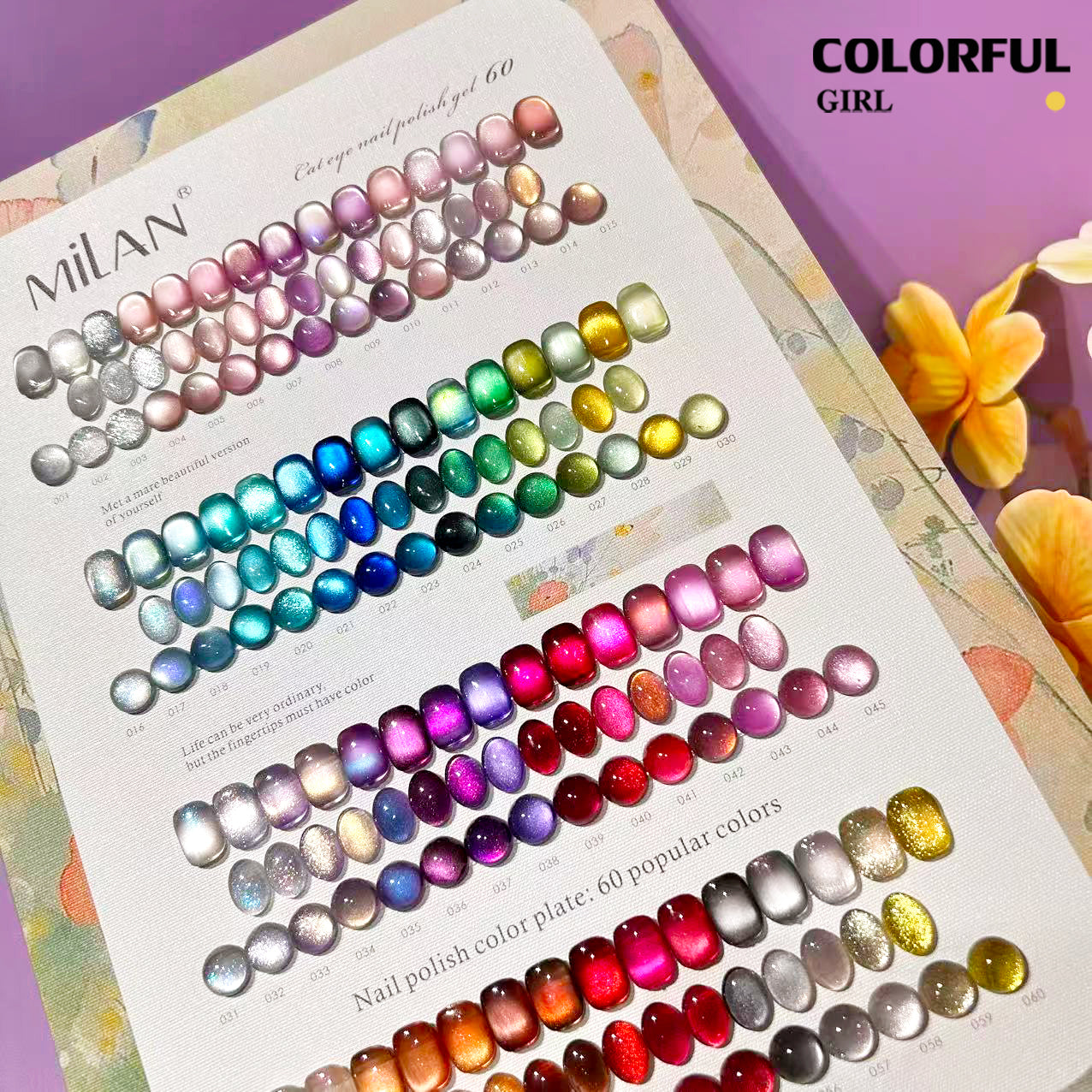 【พร้อมส่ง】MILAN 60 สี ✨ สีเจลแคทอายเนื้อซาติน + สีเจลแคทอายลูกแก้ว ครบเซ็ต 60 สี สีสวยแน่นชัด ติดทนนาน เงางามประกายหรูหรา เหมาะสำหรับร้านทำเล็บมืออาชีพและใช้ส่วนตัว แถมฟรีชาร์ทสี Cat Eye 60 สี (ทามาให้แล้ว พร้อมใช้งาน)