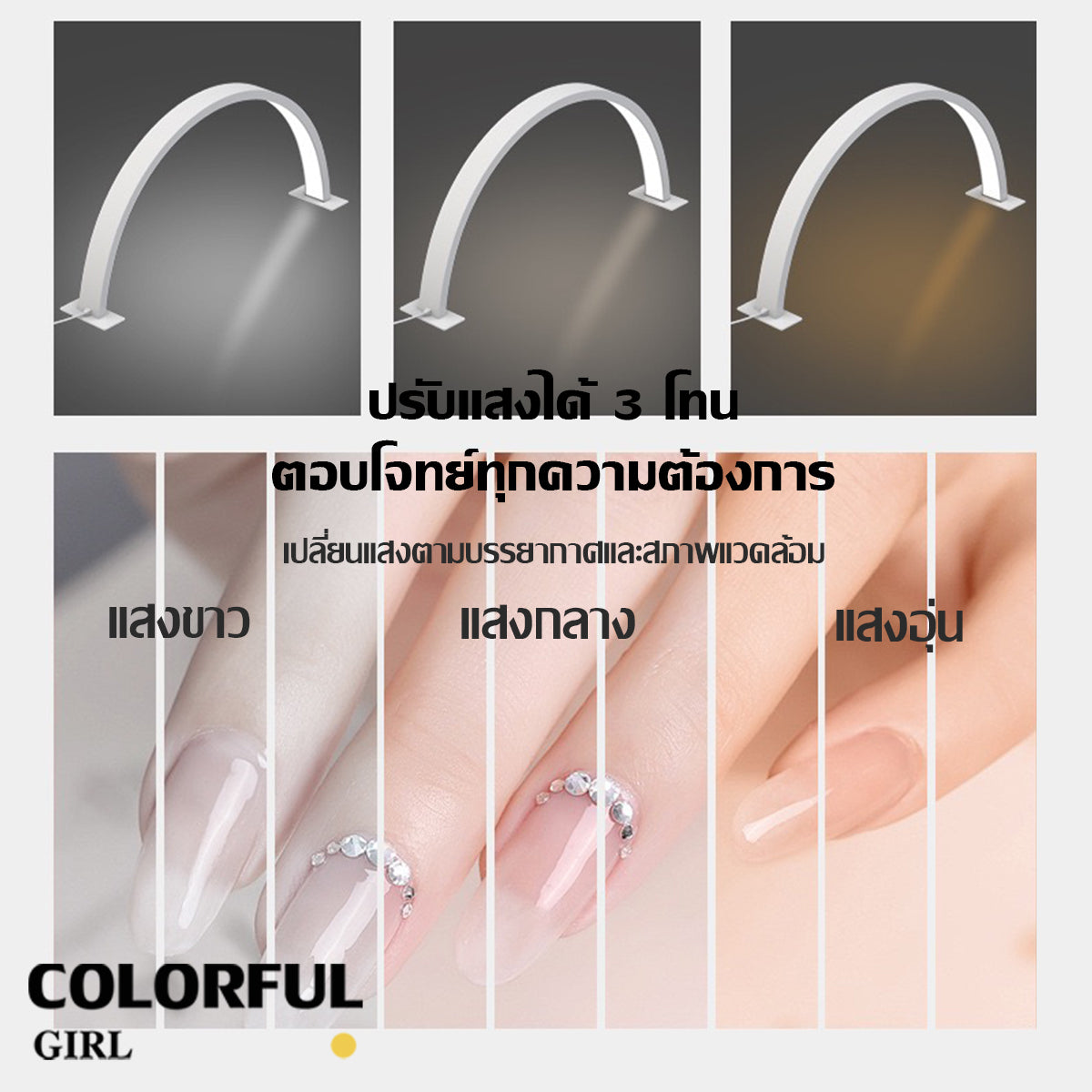 โคมไฟทำเล็บทรงครึ่งดวงจันทร์ 3 สี | 36W ปรับความสว่างได้ 💅 แสงนวลถนอมตา 180° ส่องสว่าง ป้องกันมือคล้ำ เหมาะสำหรับร้านทำเล็บ