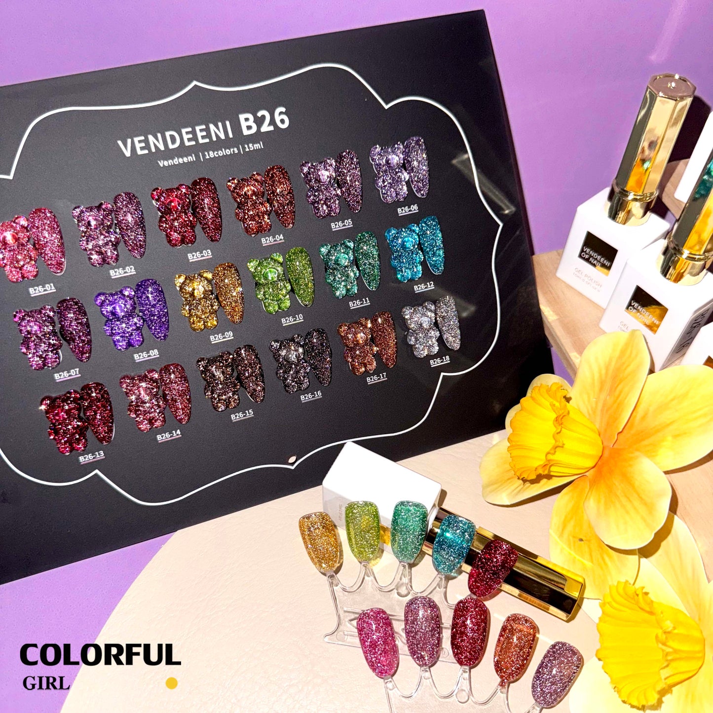 【พร้อมส่ง】VENDEENI สีเจลแฟลช 18สี (VENDEENI B26)สีเจลทาเล็บ สี แถม ชาร์ทสี ยาทาเล็บเจล ชุดสี 18สี + ฟรีชาร์ทสี พร้อมชาร์ทสีค่ะสีแน่นสวยมากเลยนะคะ เอฟเฟกต์มันเงามาก