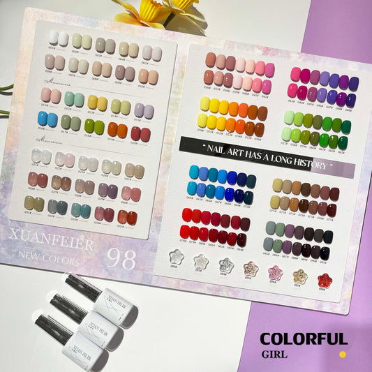 【พร้อมส่ง】สีเจล  XUANFEIER 98 สี ชุดยาทาเล็บ 15ml/ขวด การ์ดสีฟรี +TOP COAT+BASE COAT ชุดร้านเล็บ  สีเจลสีพื้น/สีเจลไซรัป/สีเจลกลิซเตอร์