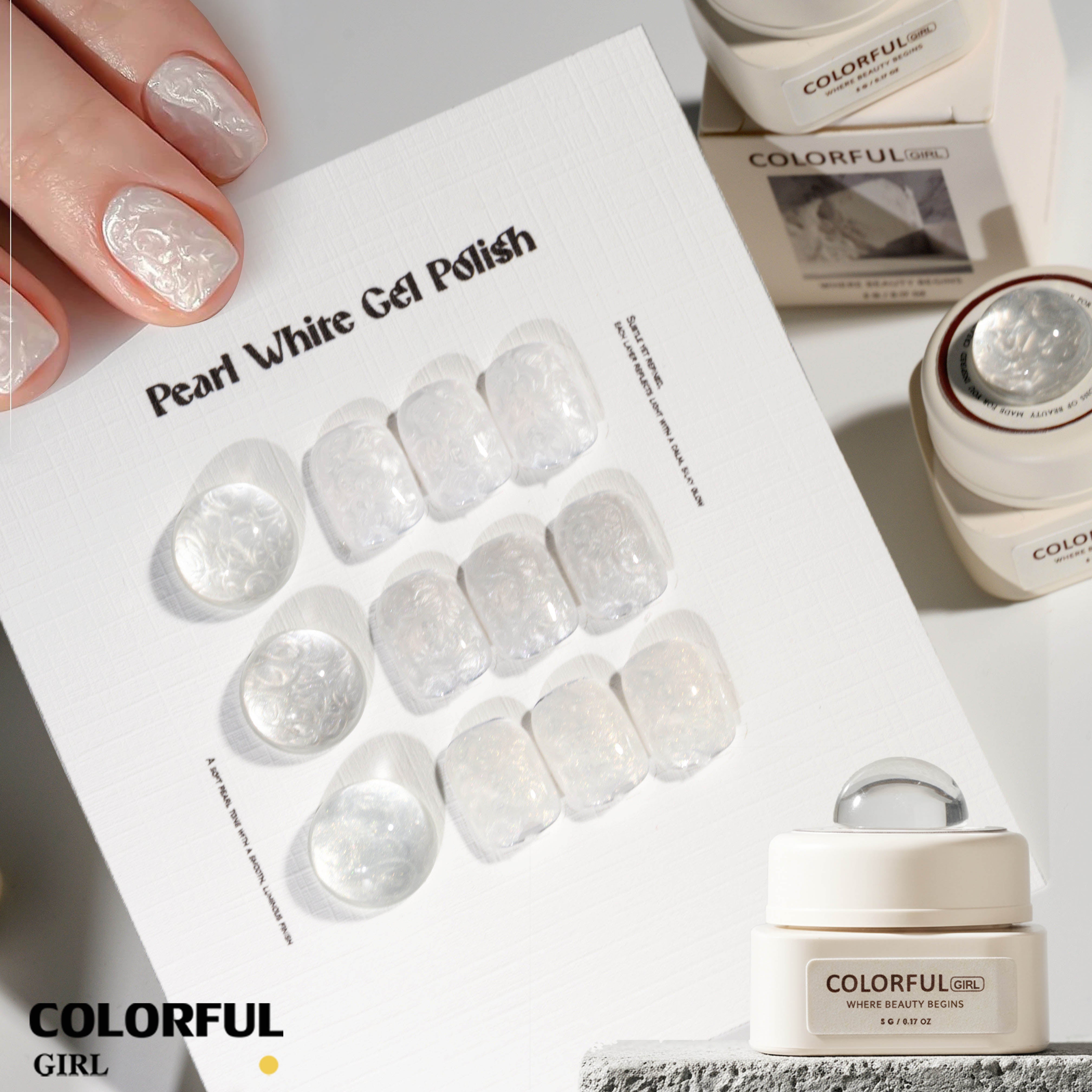 Colorful Girl Nail สีเจลมุก (ขาว / เงิน / ทอง) ปริมาณ 5 กรัม / เนื้อเจลข้น ช่วยให้ลวดลายชัดเจนยิ่งขึ้น สีเจลมุกขาว เหมาะสำหรับทำลายหินอ่อน สีสวย เงาวาว ดูหรูมีมิติ