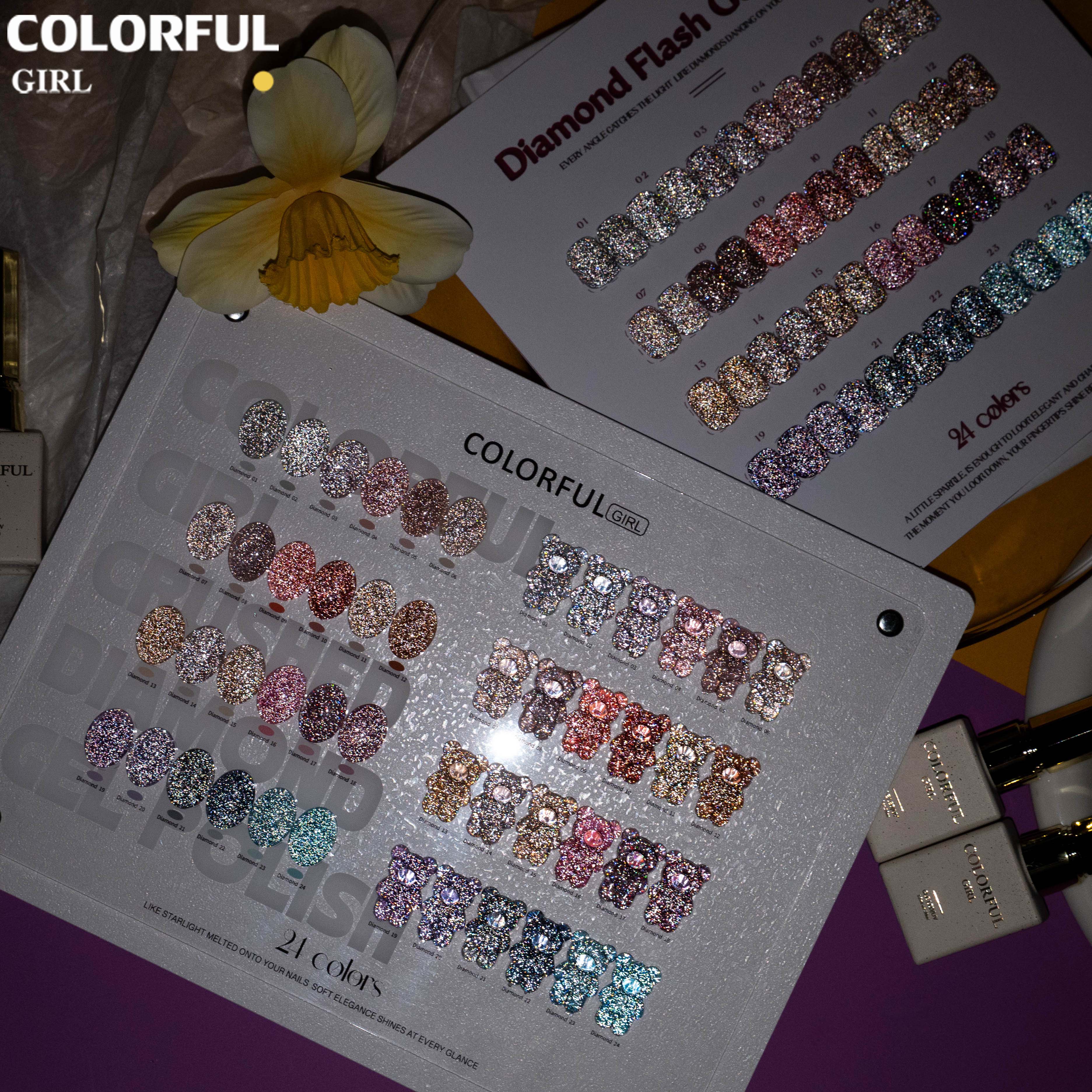 COLORFUL GIRL 24 สีเจลแฟลช ✨ พาเลทสีเล็บกลิตเตอร์เพชร|ฟีลลูกแก้วมุกฉ่ำวาว|โทนสีเล็บประกายแสงเหมือนทางช้างเผือก|อุปกรณ์ทำเล็บมืออาชีพ💅