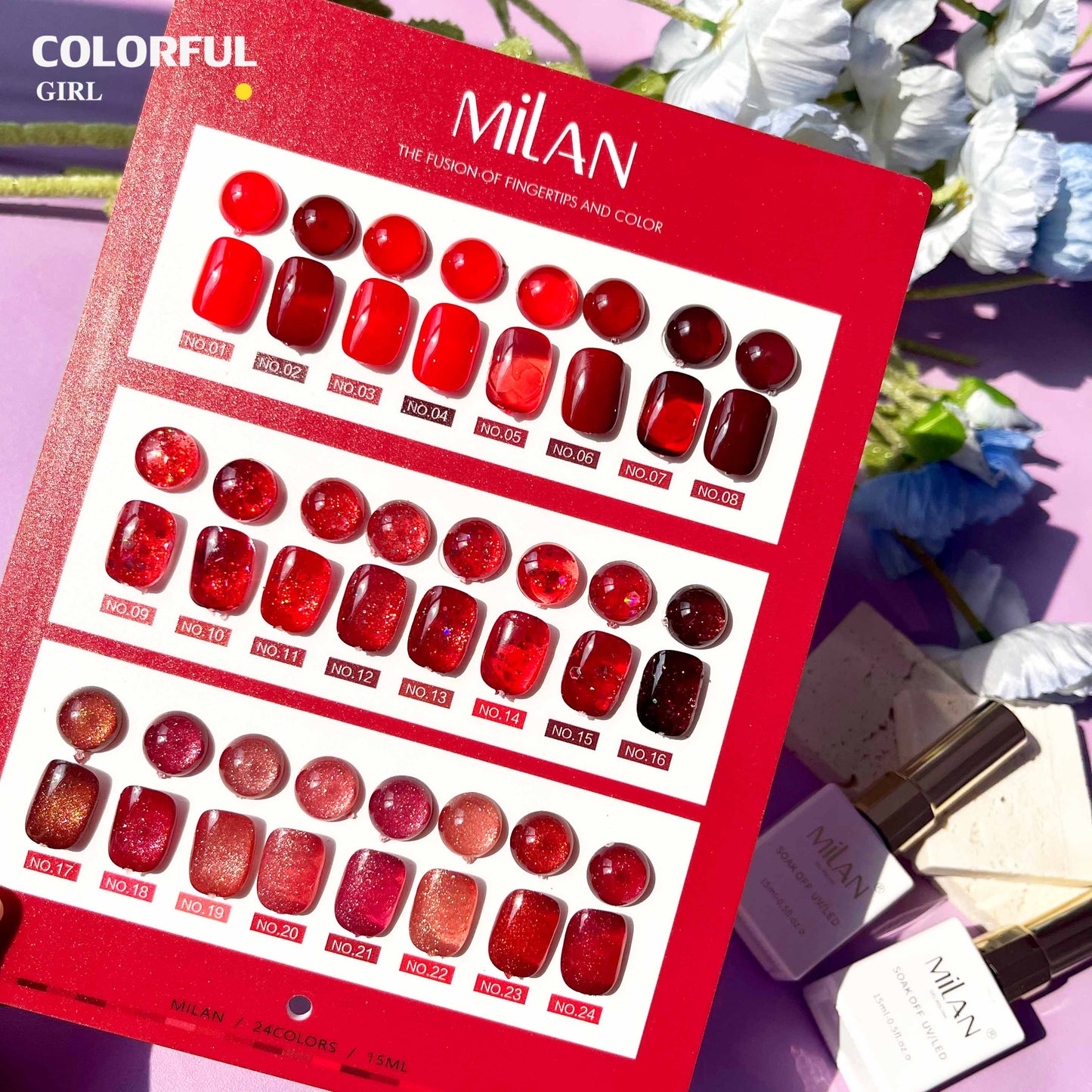 【พร้อมส่ง】MILAN 24สี  สีเจลเซ็ตสีแดง  โทนสีแดง ลูกแก้วแดง สีแดงกลิตเตอร์  ฟรีชาร์ทสี