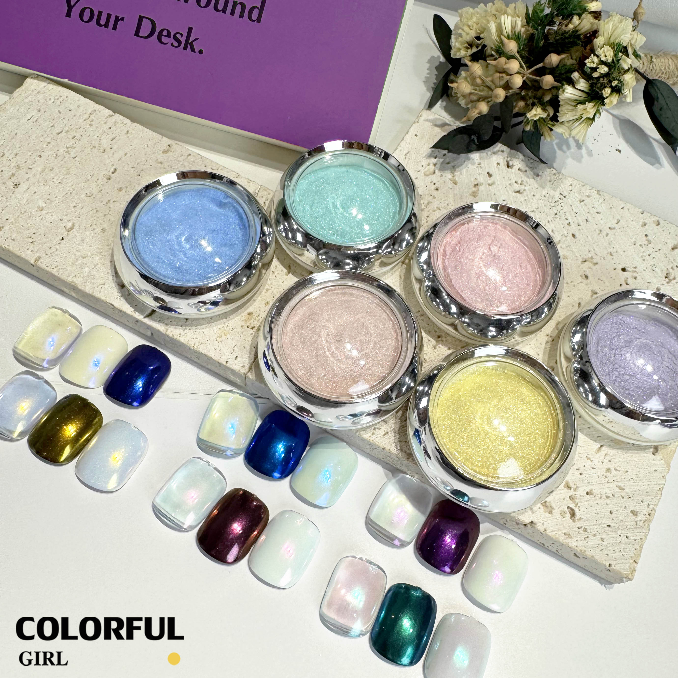 Aurora ผงขัดออโรร่า 6 สี สีโฮโรแกรม สีแต่งเล็บ ผงมุก ผงกระจก นีออน 6 ขวด/ชุด แถมแปรงขัด