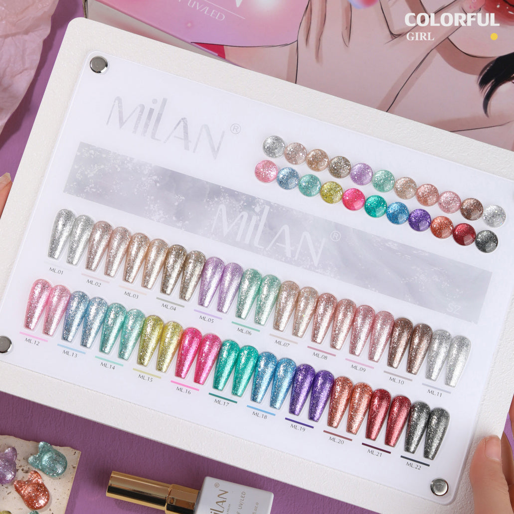Milan 22สี สีเจลแฟลชกลิตเตอร์ แพลตติมันแฟลช+ประกายออโรร่า กากเพชรชัด ฟรีชาร์ทสี