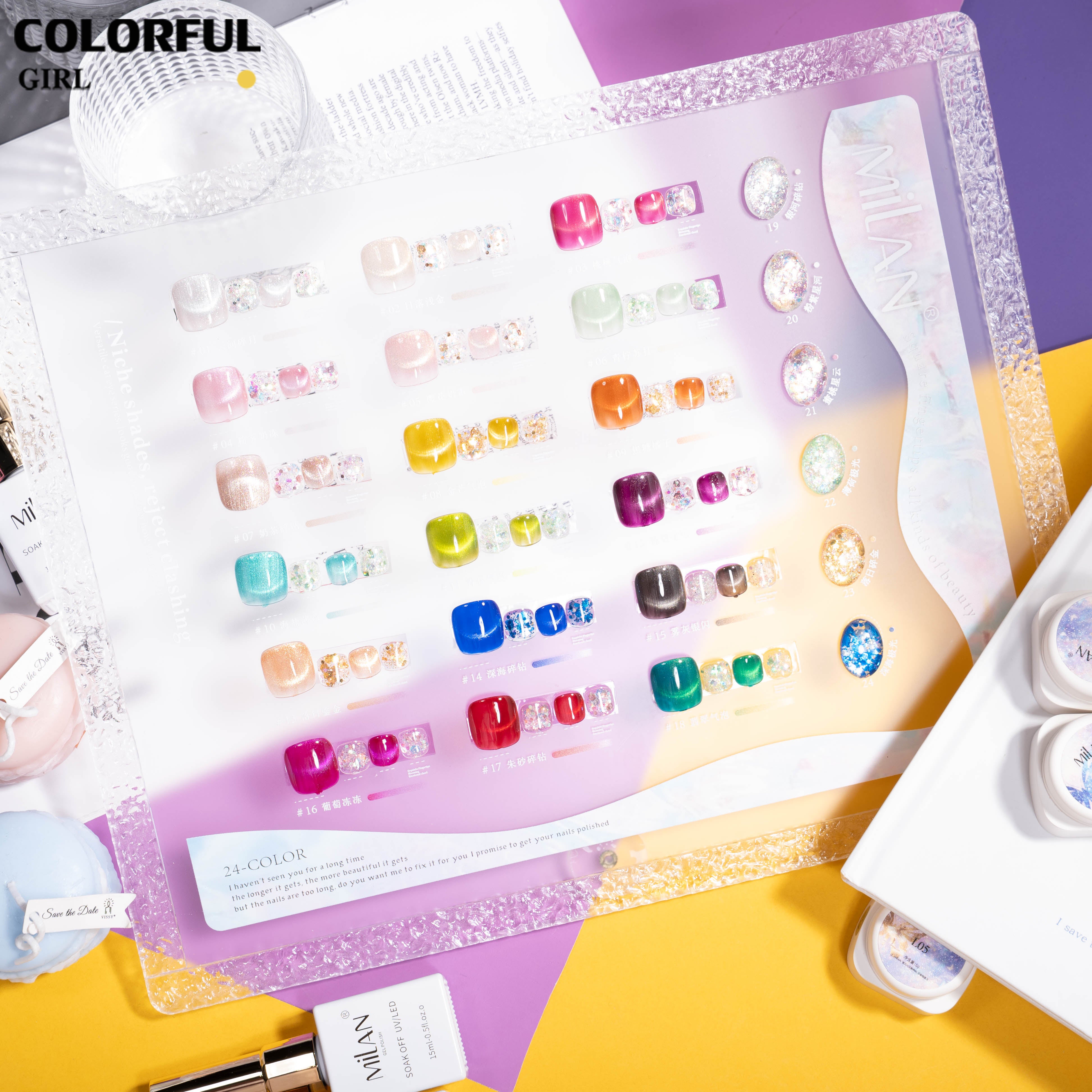 "MILAN Cat Eye 24 สี ✨ วสีเจลแคทอาย+สีเจลกลิซเตอร์ ฟีลน้ำใสวิ้งวาวแบบฝัน|เล่นแสงเหมือนดาว|โทนสีสวยหรูดูแพง |พร้อมใช้งาน ทามาให้แล้ว) "