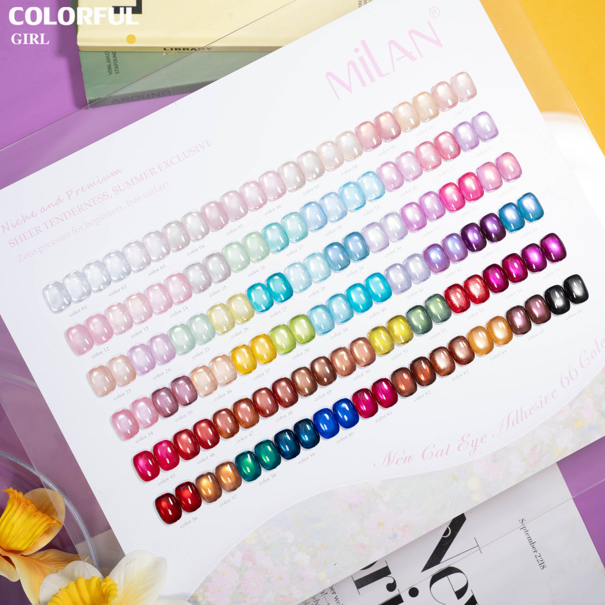 【พร้อมส่ง】MILAN 66 สี ✨ สีเจลแคทอายเนื้อซาติน + สีเจลแคทอายลูกแก้ว ครบเซ็ต 60 สี สีสวยแน่นชัด ติดทนนาน เงางามประกายหรูหรา เหมาะสำหรับร้านทำเล็บมืออาชีพและใช้ส่วนตัว แถมฟรีชาร์ทสี Cat Eye 66 สี (ทามาให้แล้ว พร้อมใช้งาน)