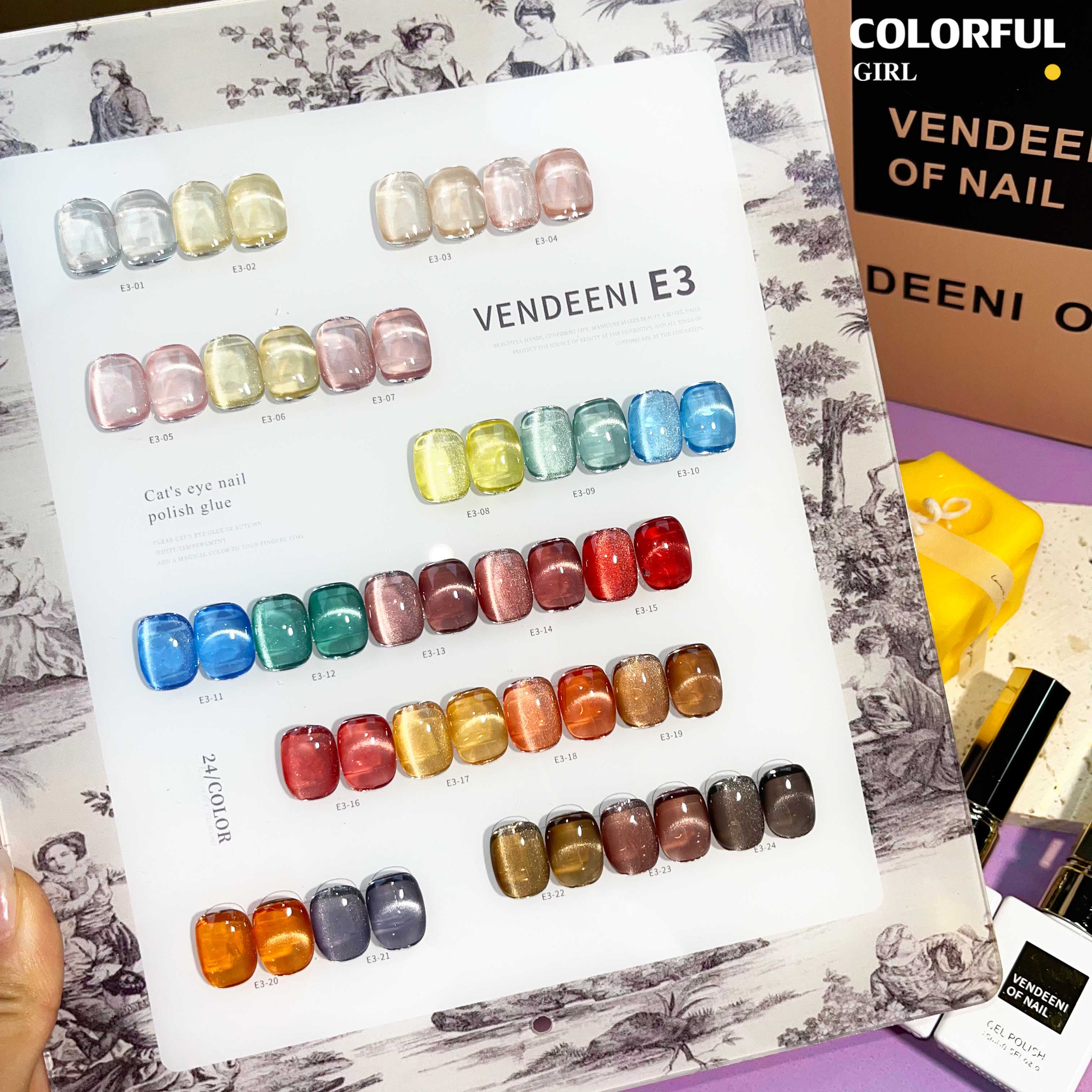VENDEENI E-3 เจลทาเล็บแคทอาย 24 สี สีลูกแก้วแคทอาย ฟรีชาร์ทสี