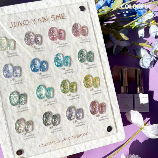 💕สีเจลกลิตเตอร์แฟลช Jiao Yan Sheสีกลิตเตอร์ สีเจล เล็บเจล  Starry Flash Light 16 Colors ปริมาณ 12ml. 💅🏻สีเจลโทนนิยม สีเจลโทนละมุน สี
