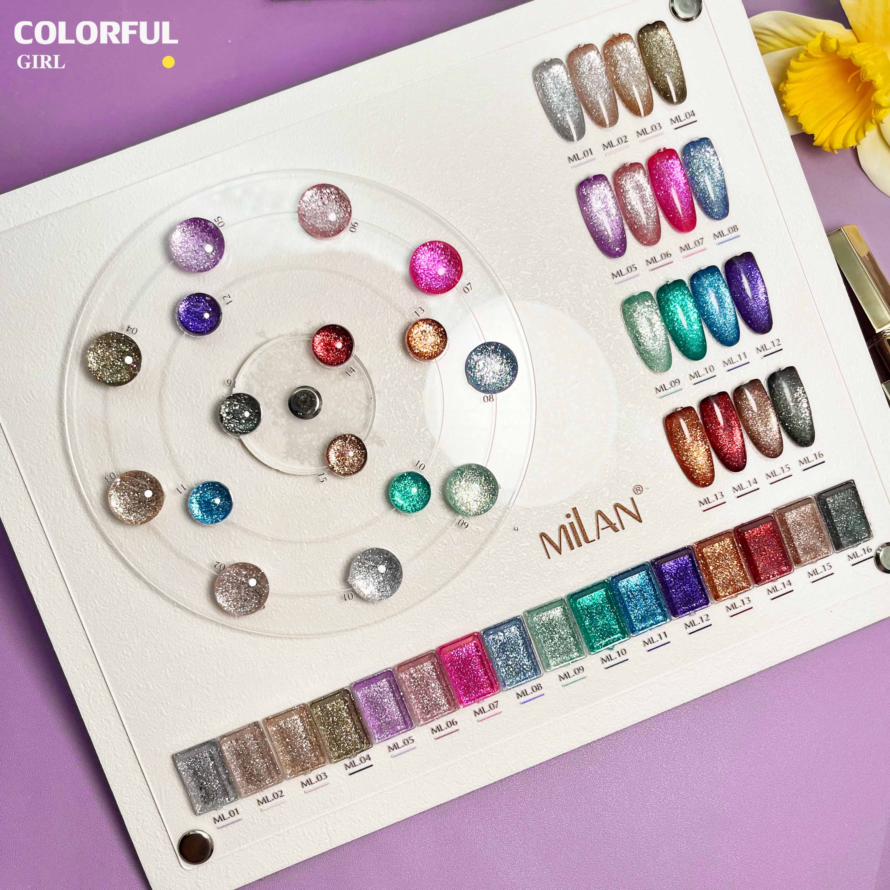 MILAN 16 สี สีเจลแฟลชกลิตเตอร์ แพลตติมันแฟลช+ประกายออโรร่า ฟรีชาร์ทสี (กลิตเตอร์แน่น)