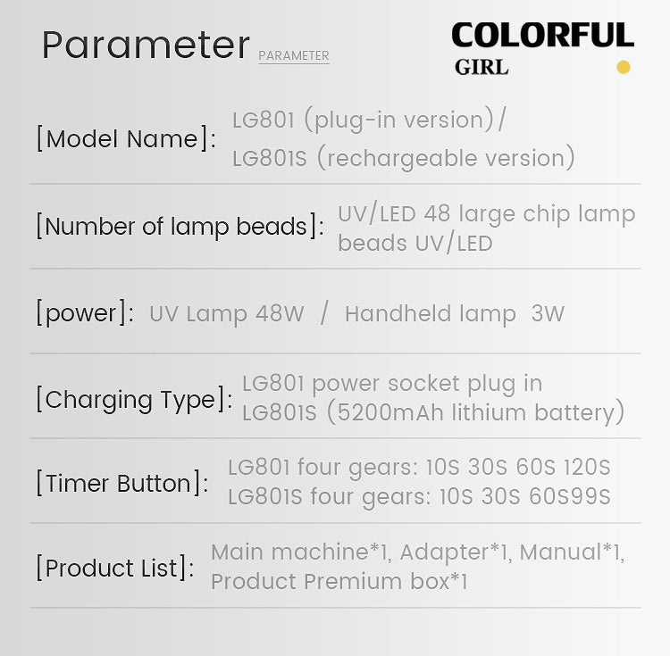 เครื่องอบเล็บสีเจล LUGX LG-801/LG-801S เครื่องอบเล็บ UV48W โคมไฟแบบถือมือ3W พร้อมไฟล็อตอะไหล่ในตัว มี 2 แบบ ให้เลือกนะคะ รุ่นใหม่
