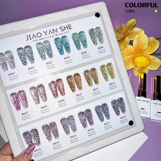 【พร้อมส่ง】JIAOYANSHE สีเจลแฟลช 18สี   สีทาเล็บเจล 18สี  สีเจลกลิซเตอร์ 18สี(JIAOYANSHE) สีเจล18สี สีเจลแฟลช   แถม ชาร์ทสี (แถม ชาร์ทสี ทามาให้แล้ว)