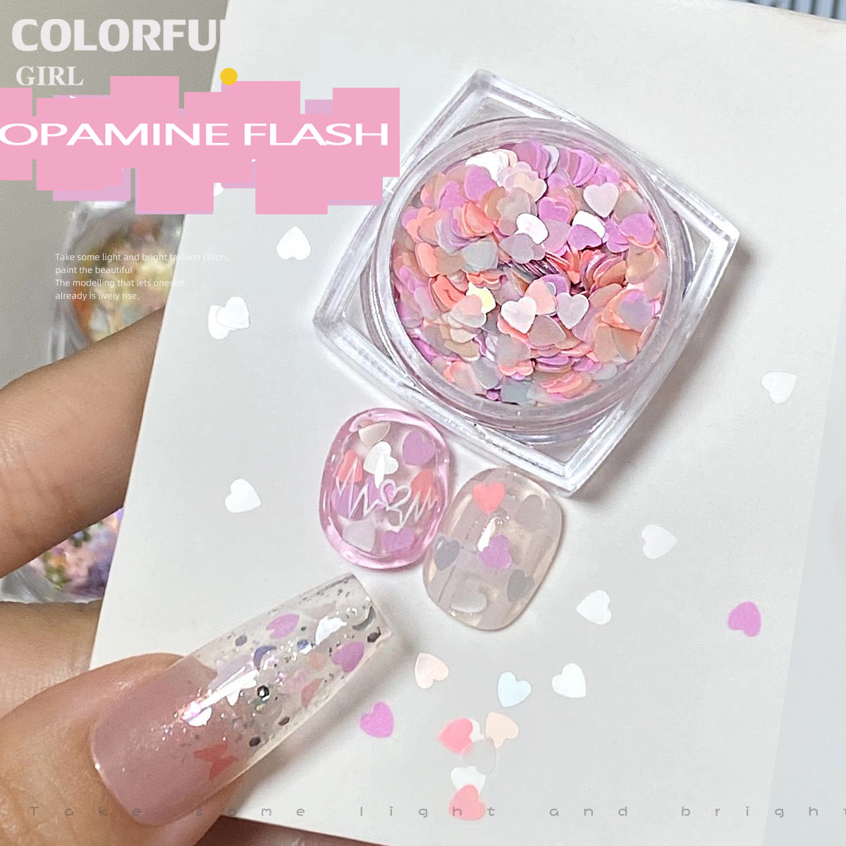 เล็บเลื่อมที่มีสีสัน หัวใจสีชมพูดอกไม้ Bow Moon น่ารัก Girly เล็บ Art DIY Charms ตกแต่งหวาน Critical Strike เล็บเลื่อมตกแต่งเล็บ