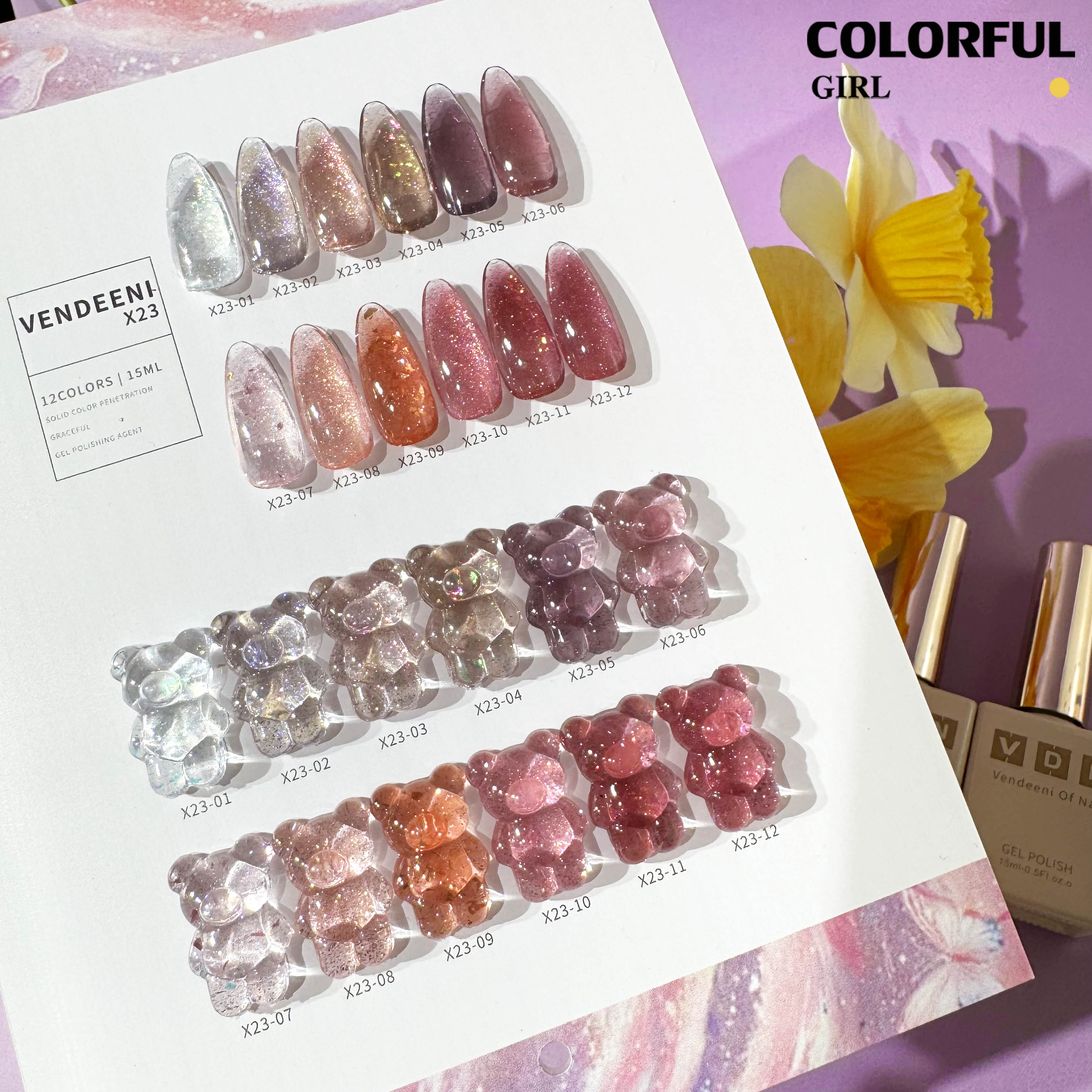 VENDEENI VDN-X23 สีเจลแฟลช 12 สี ✨ สีสวยระยิบระยับ เม็ดสีแน่นชัด แถมฟรีชาร์จสี