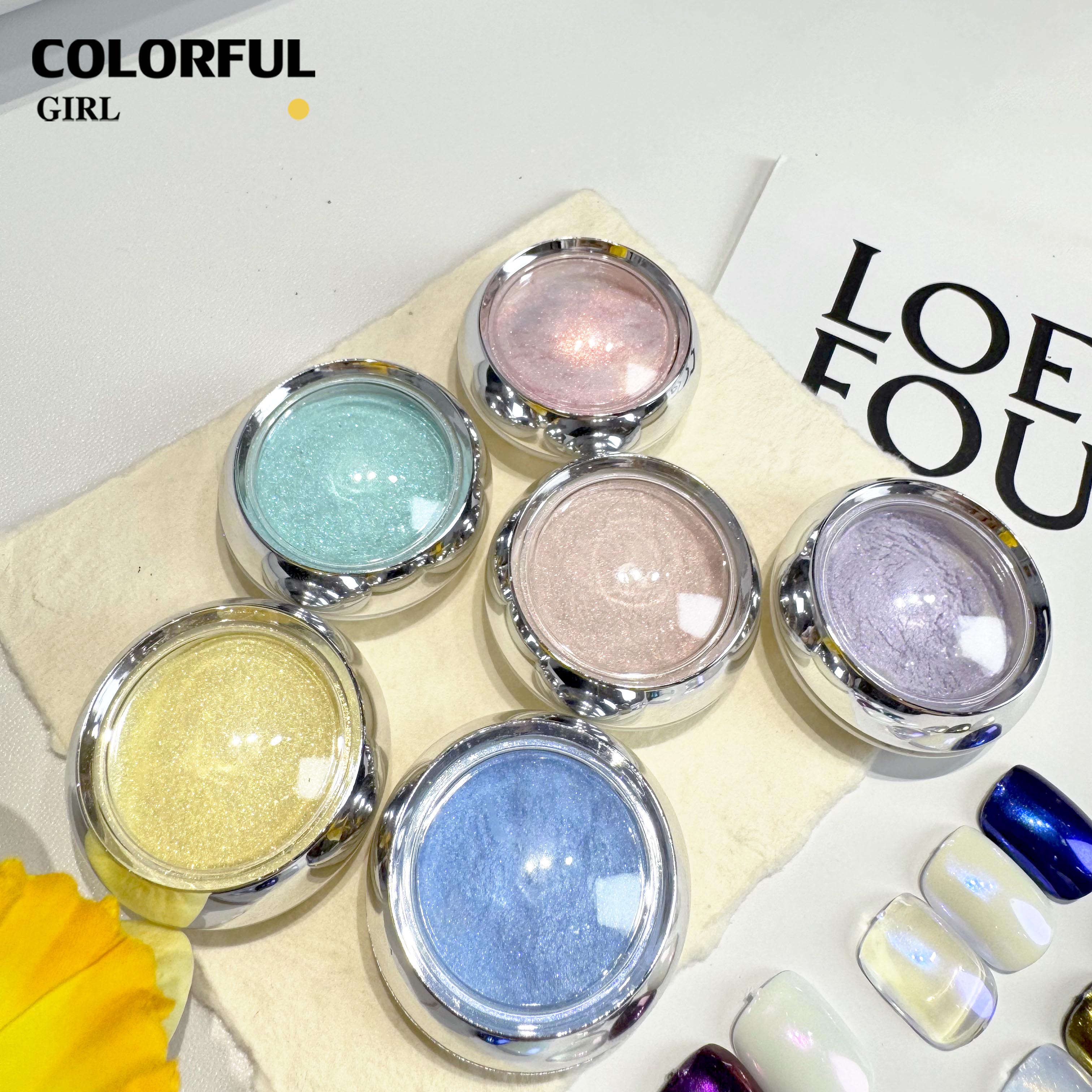 Aurora ผงขัดออโรร่า 6 สี สีโฮโรแกรม สีแต่งเล็บ ผงมุก ผงกระจก นีออน 6 ขวด/ชุด แถมแปรงขัด