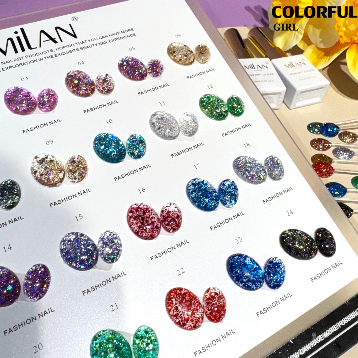 【พร้อมส่ง】สีสีเจล MILANสีกากเพชร สีเจลกลิซเตอร์ 24 สี แถม ชาร์ทสี(milan) สีเจลกลิซเตอร์
