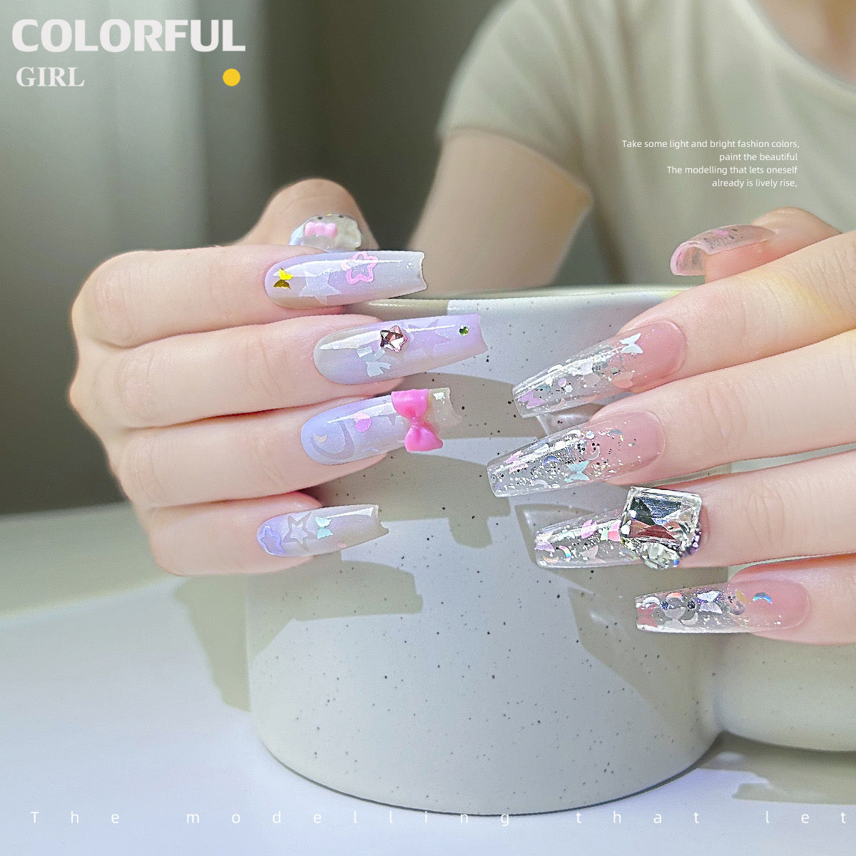 เล็บเลื่อมที่มีสีสัน หัวใจสีชมพูดอกไม้ Bow Moon น่ารัก Girly เล็บ Art DIY Charms ตกแต่งหวาน Critical Strike เล็บเลื่อมตกแต่งเล็บ