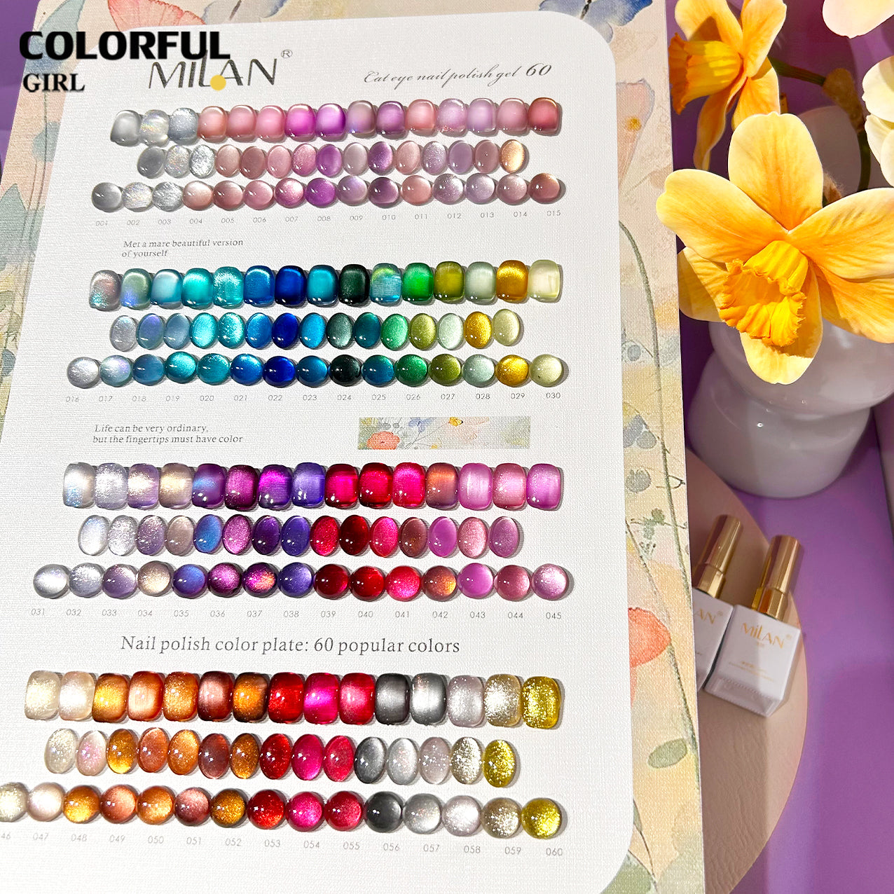【พร้อมส่ง】MILAN 60 สี ✨ สีเจลแคทอายเนื้อซาติน + สีเจลแคทอายลูกแก้ว ครบเซ็ต 60 สี สีสวยแน่นชัด ติดทนนาน เงางามประกายหรูหรา เหมาะสำหรับร้านทำเล็บมืออาชีพและใช้ส่วนตัว แถมฟรีชาร์ทสี Cat Eye 60 สี (ทามาให้แล้ว พร้อมใช้งาน)