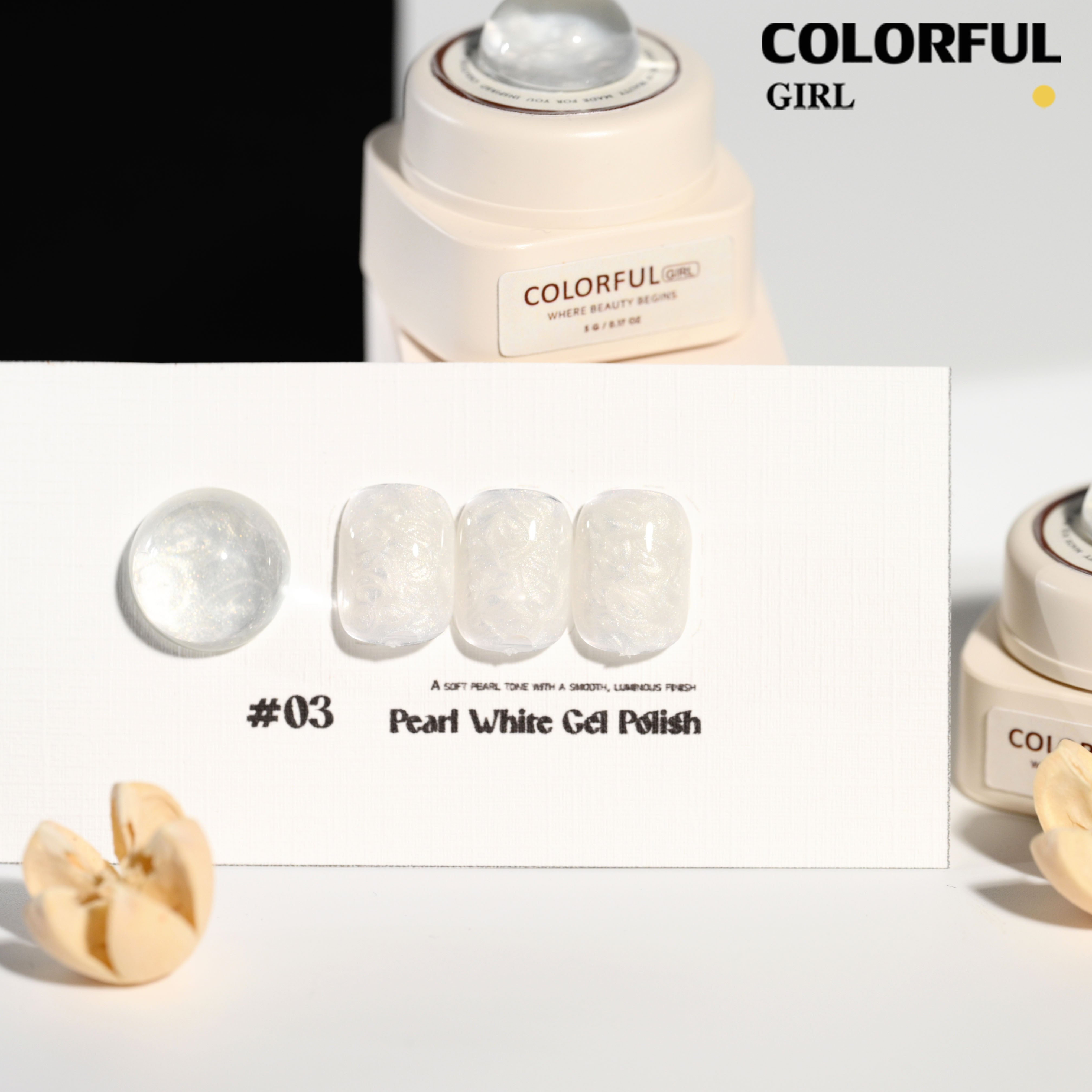 Colorful Girl Nail สีเจลมุก (ขาว / เงิน / ทอง) ปริมาณ 5 กรัม / เนื้อเจลข้น ช่วยให้ลวดลายชัดเจนยิ่งขึ้น สีเจลมุกขาว เหมาะสำหรับทำลายหินอ่อน สีสวย เงาวาว ดูหรูมีมิติ