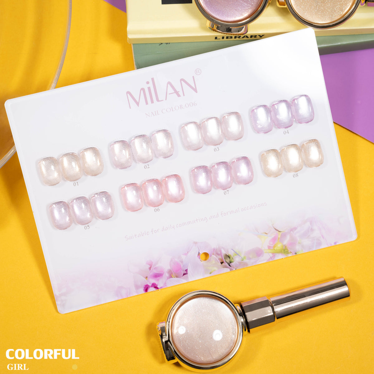 เจลเล็บ MILAN Cat Eye 8 สี สีเจลแคทอาย |โทนสุภาพ หวานละมุน | เจลแม่เหล็กตาแมว | สีชัด ติดทนนาน สำหรับงานเล็บมืออาชีพ | สร้างเอฟเฟกต์แสงได้ทันที (ทามาให้แล้ว พร้อมใช้งาน)สีเจลแคทอาย